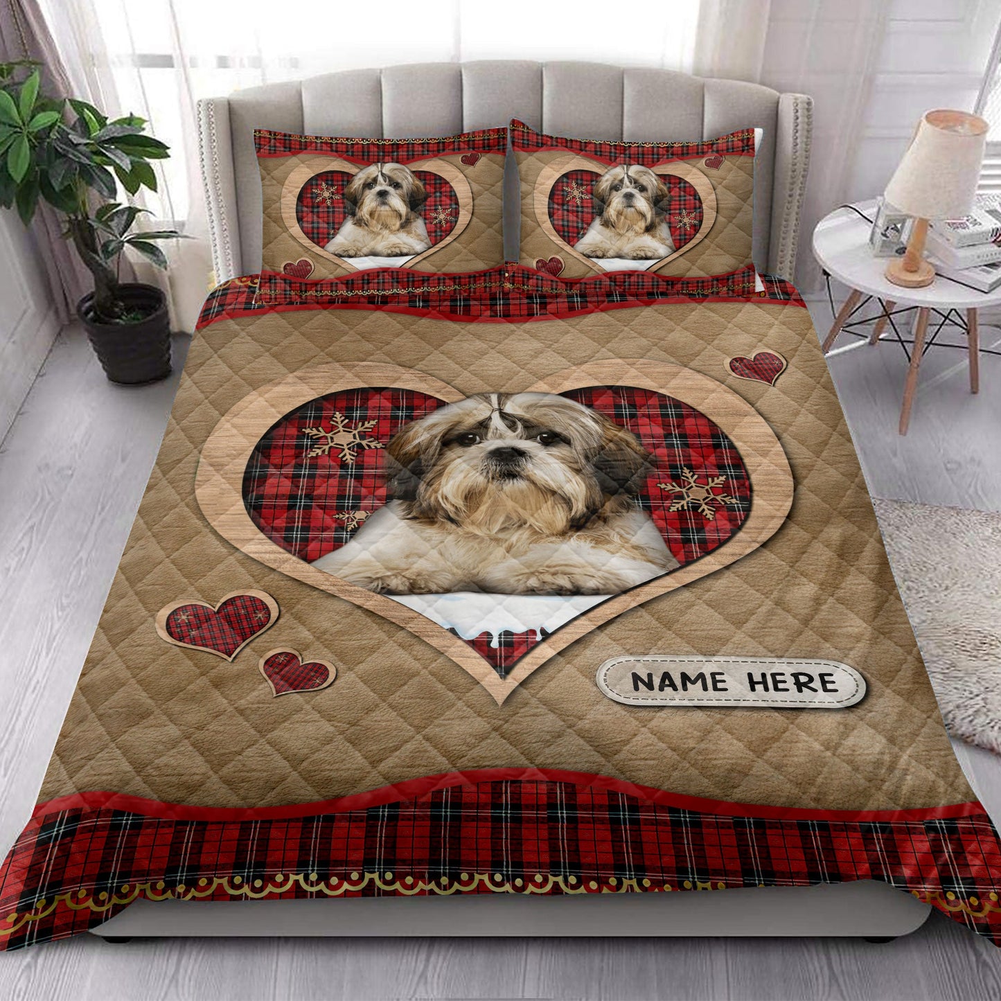 Personalized Shih Tzu Quilt Set, Shih Tzumas Heart Red Plaid Quilt Blanket With Pillowcases, Custom Name Quilt Bedding Set, Christmas Gift