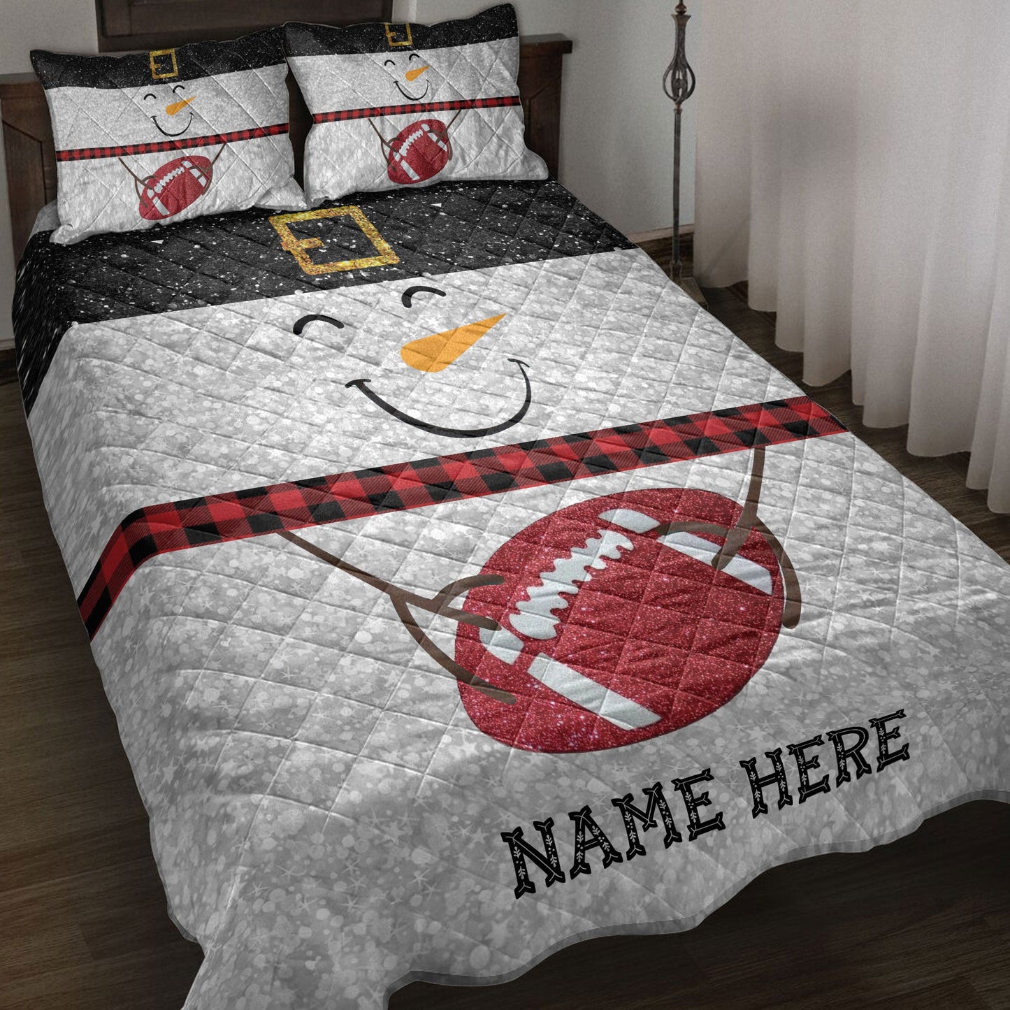 Football Quilt Set, Funny Snowman Bringmas Football Glitter Buffalo Plaid Quilt Blanket With Pillowcases, Quilt Bedding Set, Christmas Gift