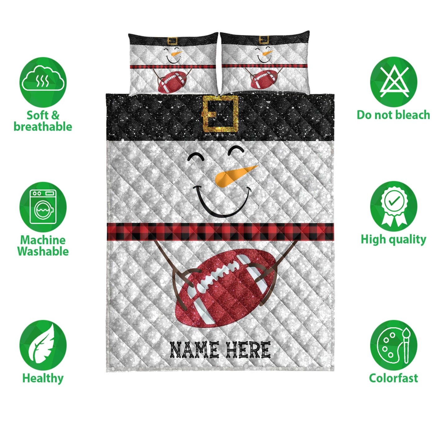 Football Quilt Set, Funny Snowman Bringmas Football Glitter Buffalo Plaid Quilt Blanket With Pillowcases, Quilt Bedding Set, Christmas Gift