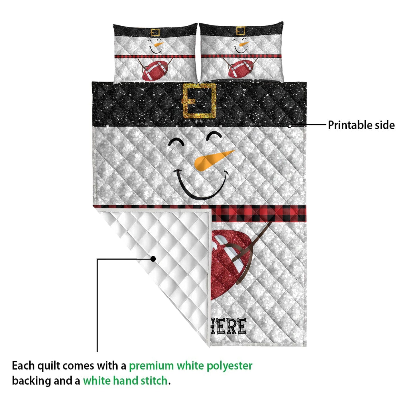 Football Quilt Set, Funny Snowman Bringmas Football Glitter Buffalo Plaid Quilt Blanket With Pillowcases, Quilt Bedding Set, Christmas Gift