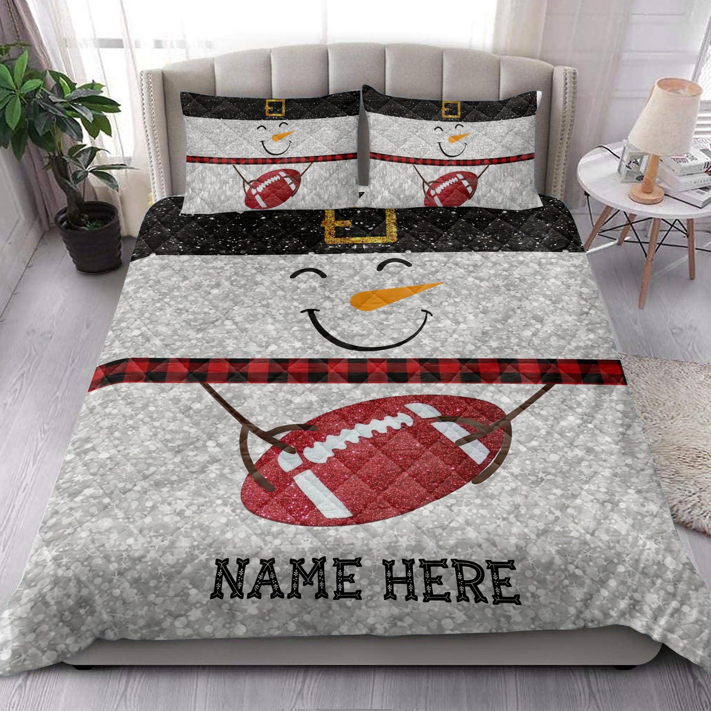 Football Quilt Set, Funny Snowman Bringmas Football Glitter Buffalo Plaid Quilt Blanket With Pillowcases, Quilt Bedding Set, Christmas Gift