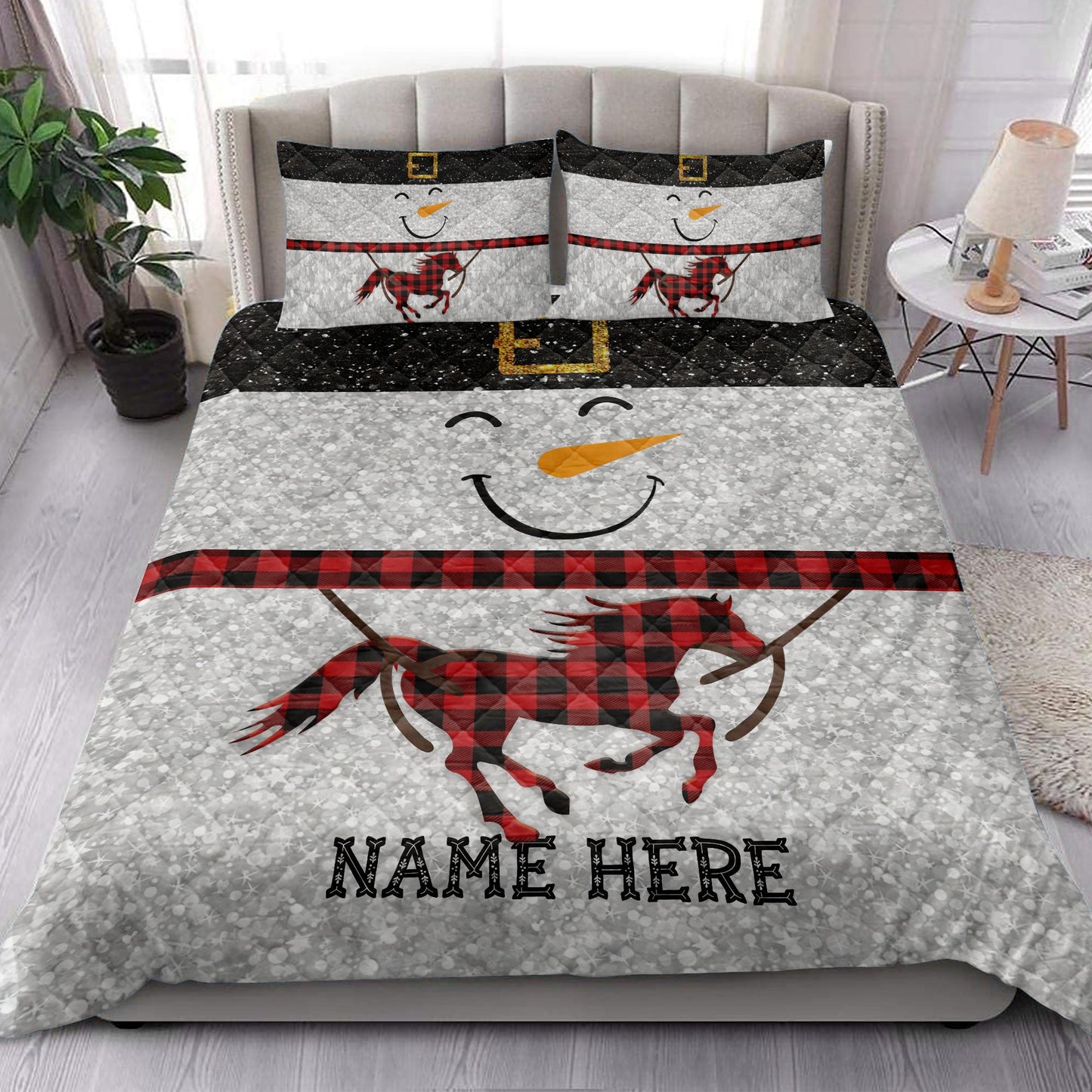 Horse Quilt Set, Funny Snowman Bringmas Horse Glitter Red Buffalo Plaid Quilt Blanket With Pillowcases, Quilt Bedding Set, Christmas Gift