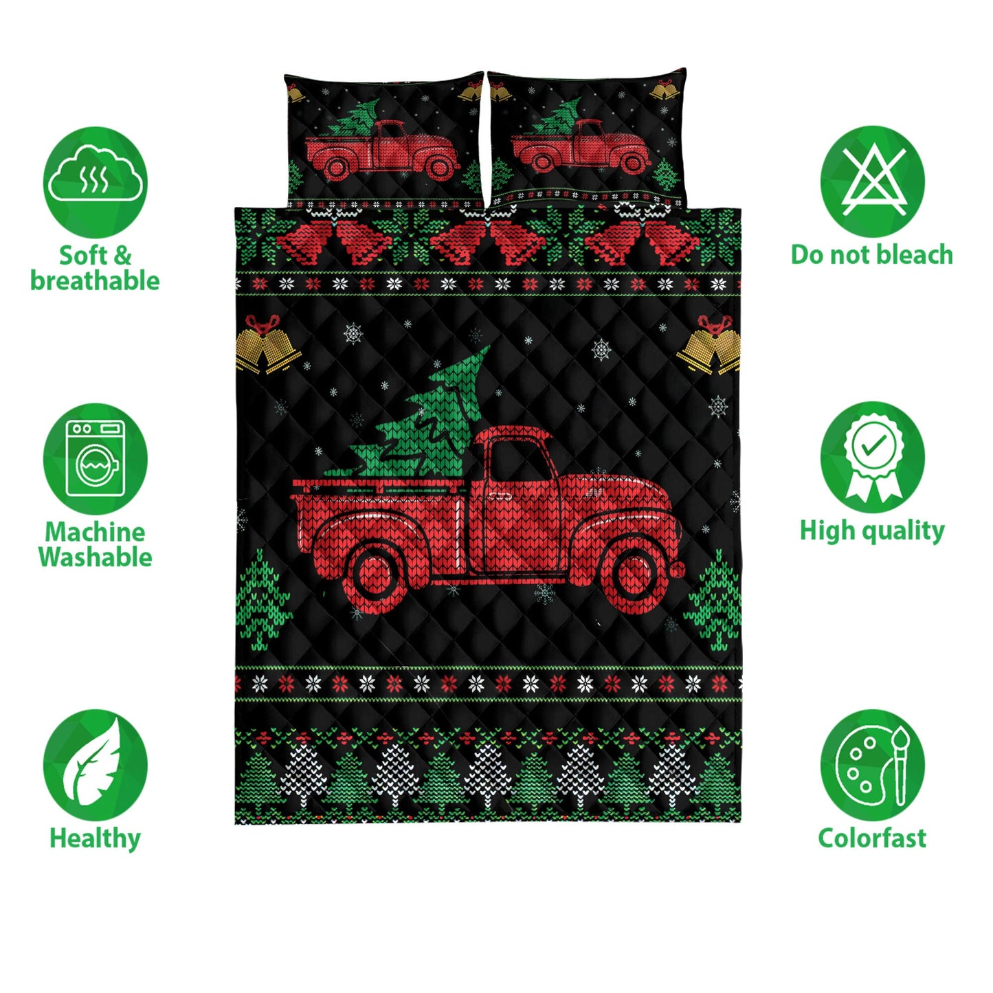 Christmas Quilt Set, Red Truck Withmas Tree Snowflake Bell Ugly Chrismas Quilt Blanket With Pillowcases, Quilt Bedding Set, Christmas Gift