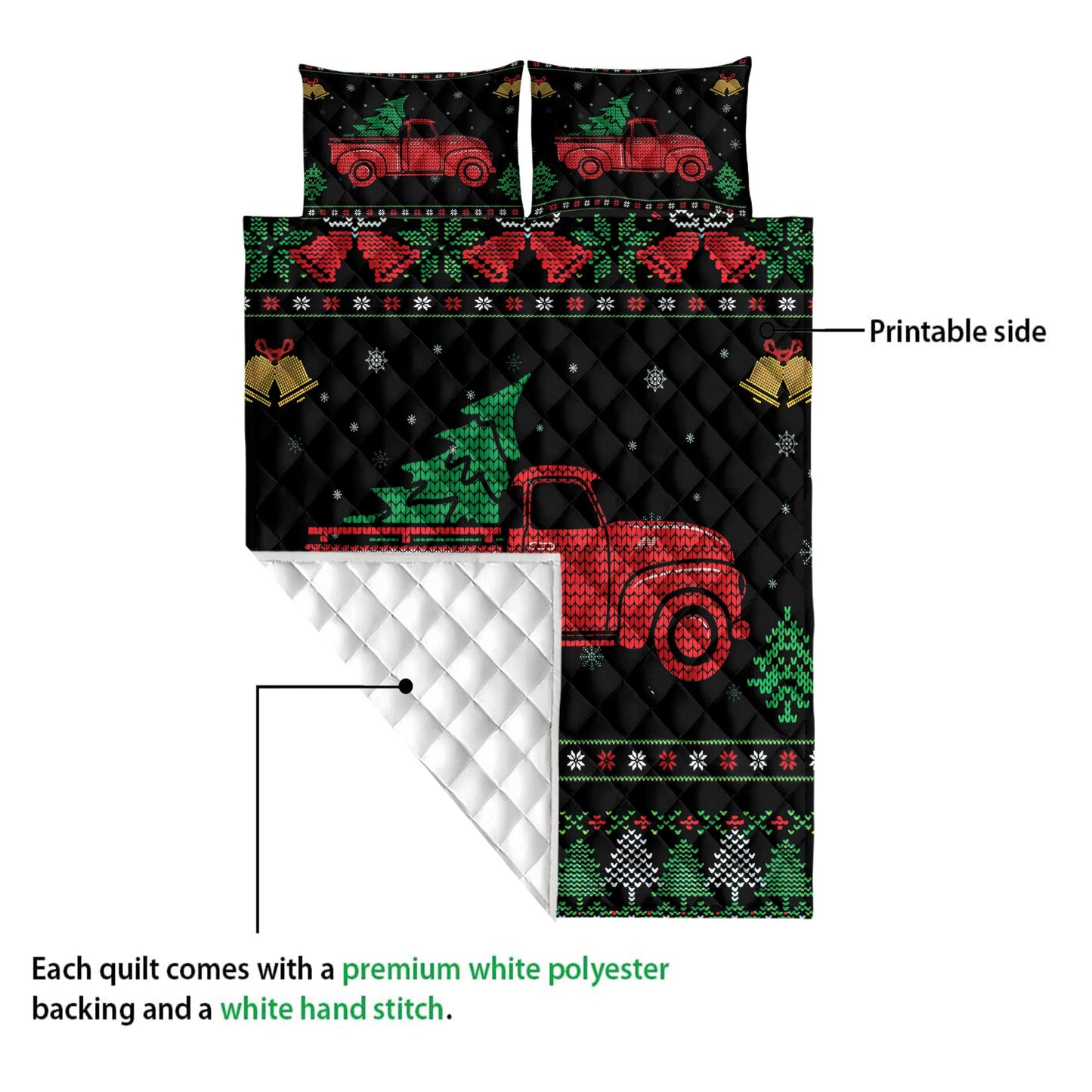 Christmas Quilt Set, Red Truck Withmas Tree Snowflake Bell Ugly Chrismas Quilt Blanket With Pillowcases, Quilt Bedding Set, Christmas Gift
