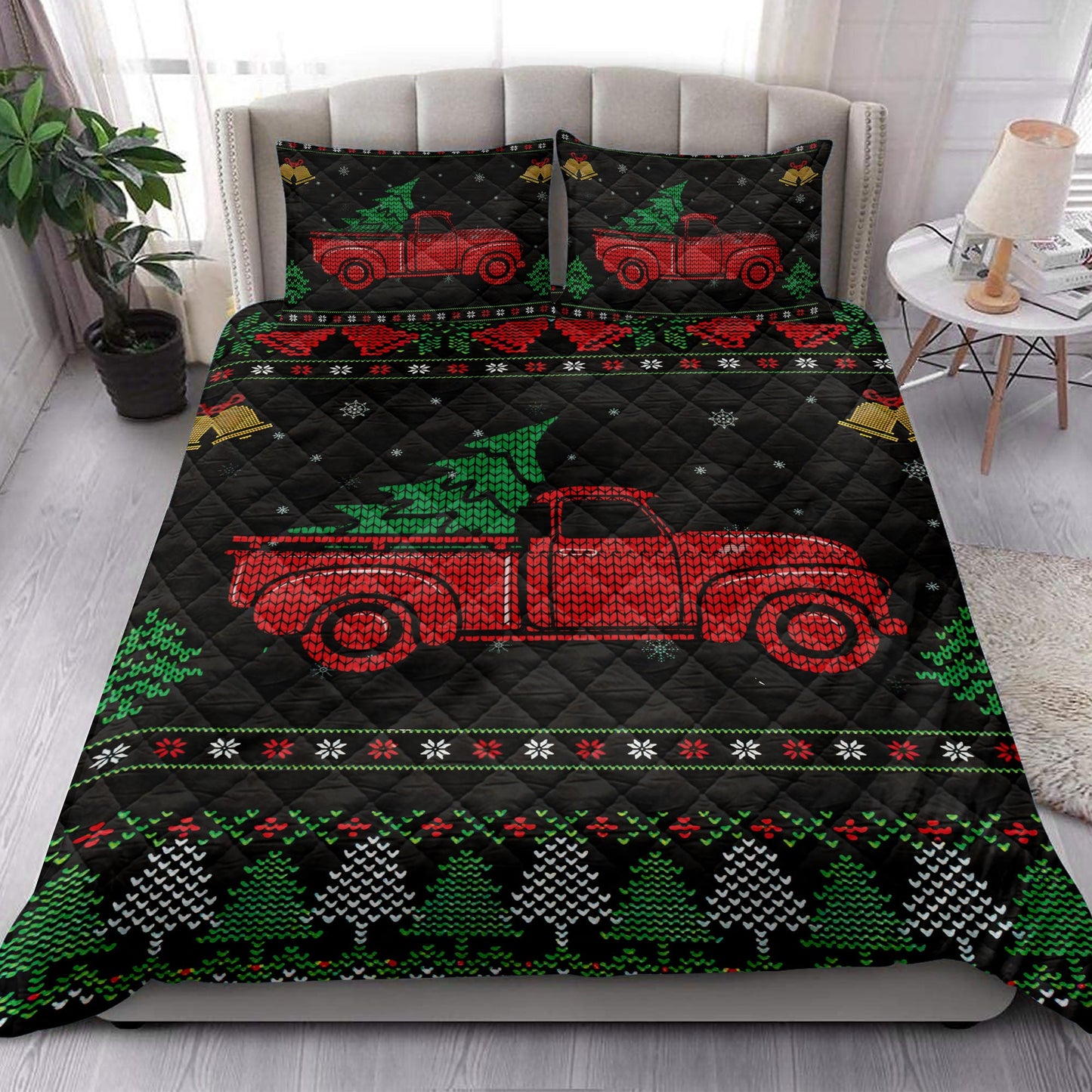 Christmas Quilt Set, Red Truck Withmas Tree Snowflake Bell Ugly Chrismas Quilt Blanket With Pillowcases, Quilt Bedding Set, Christmas Gift