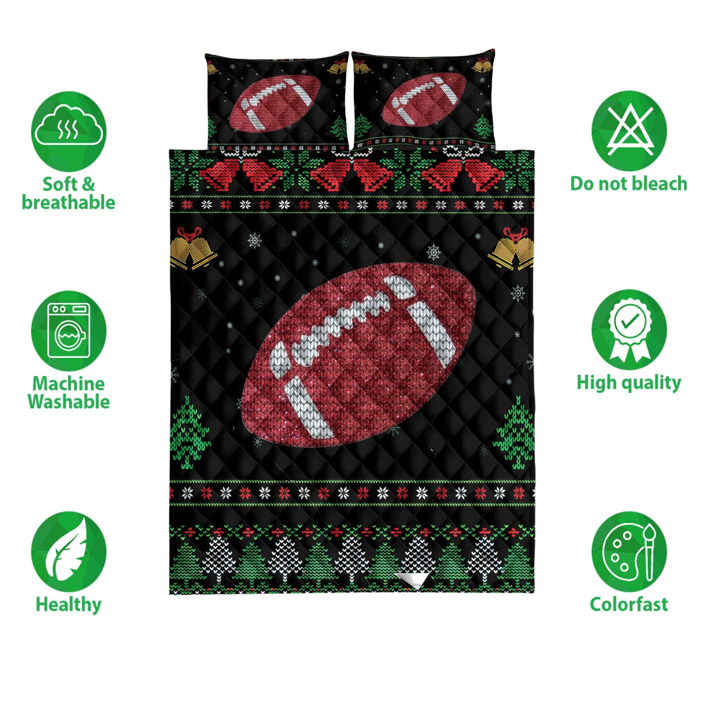 Football Quilt Set, Football Snowflake Bell Ugly Chrismas Football Quilt Blanket With Pillowcases, Quilt Bedding Set