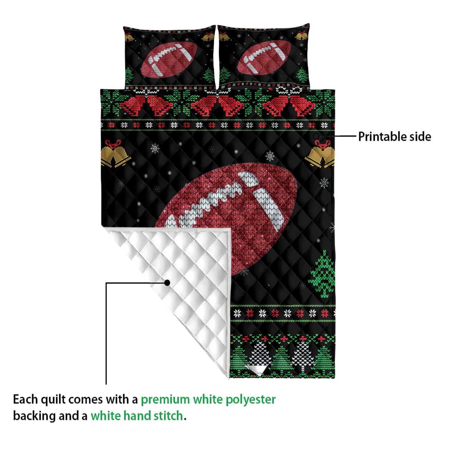 Football Quilt Set, Football Snowflake Bell Ugly Chrismas Football Quilt Blanket With Pillowcases, Quilt Bedding Set