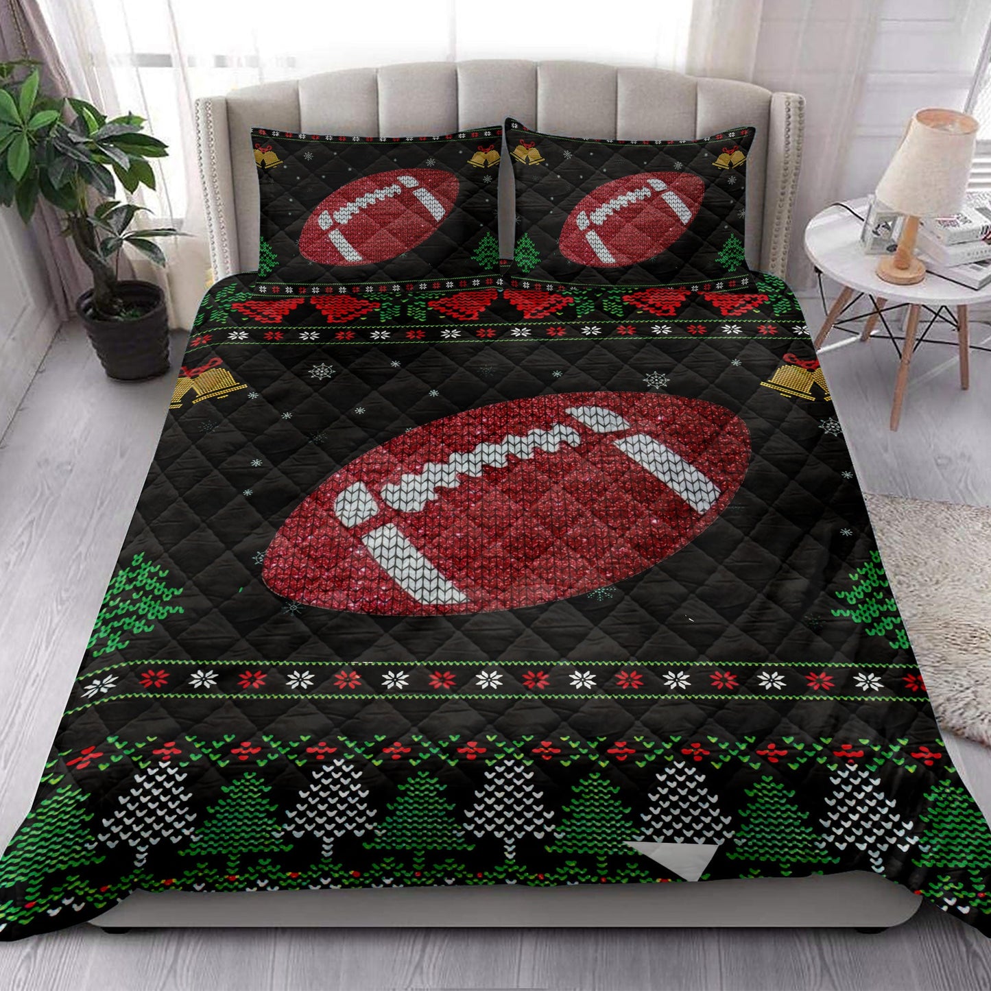 Football Quilt Set, Football Snowflake Bell Ugly Chrismas Football Quilt Blanket With Pillowcases, Quilt Bedding Set