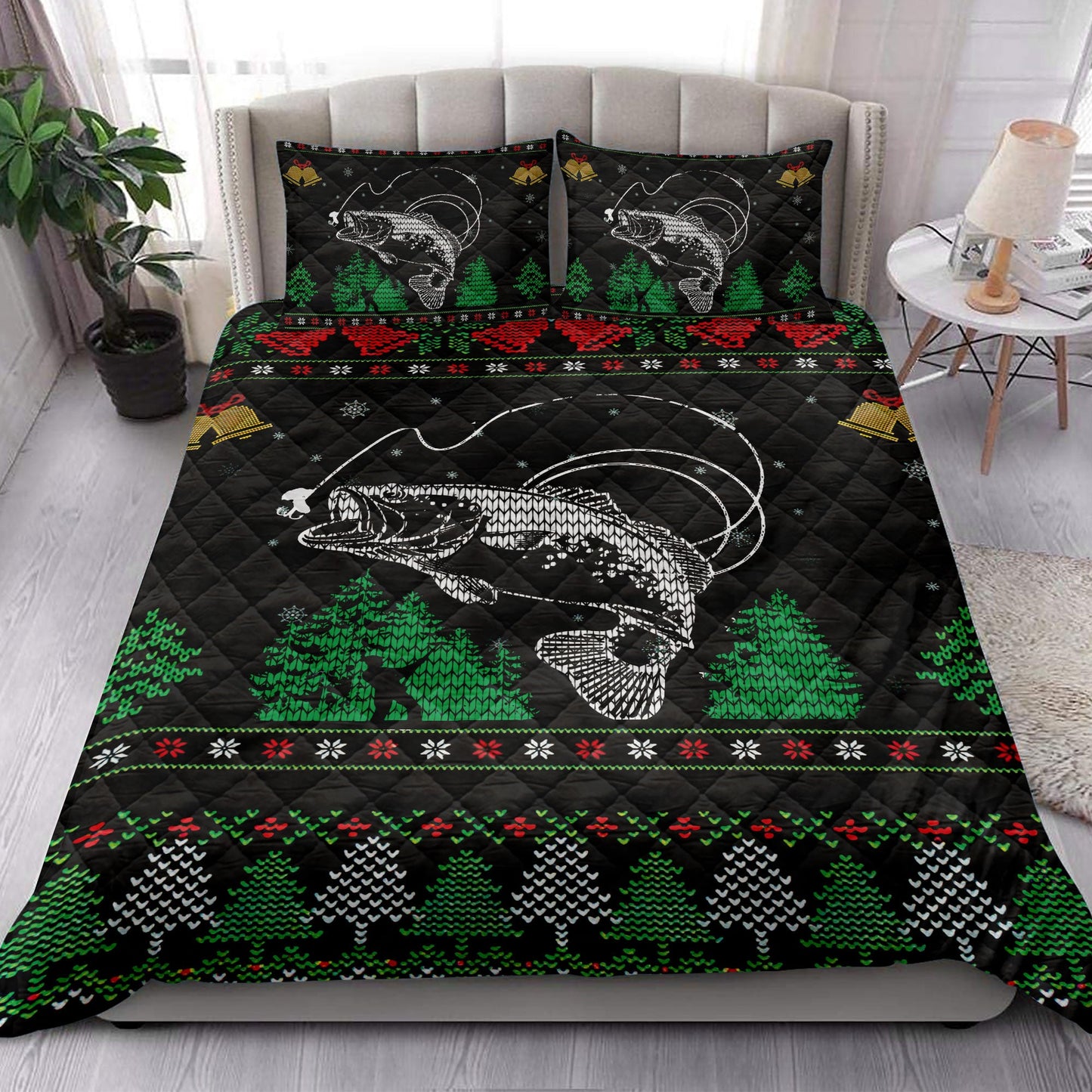 Fishing Quilt Set, Fishing Snowflake Bell Ugly Chrismas Quilt Blanket With Pillowcases, Quilt Bedding Set