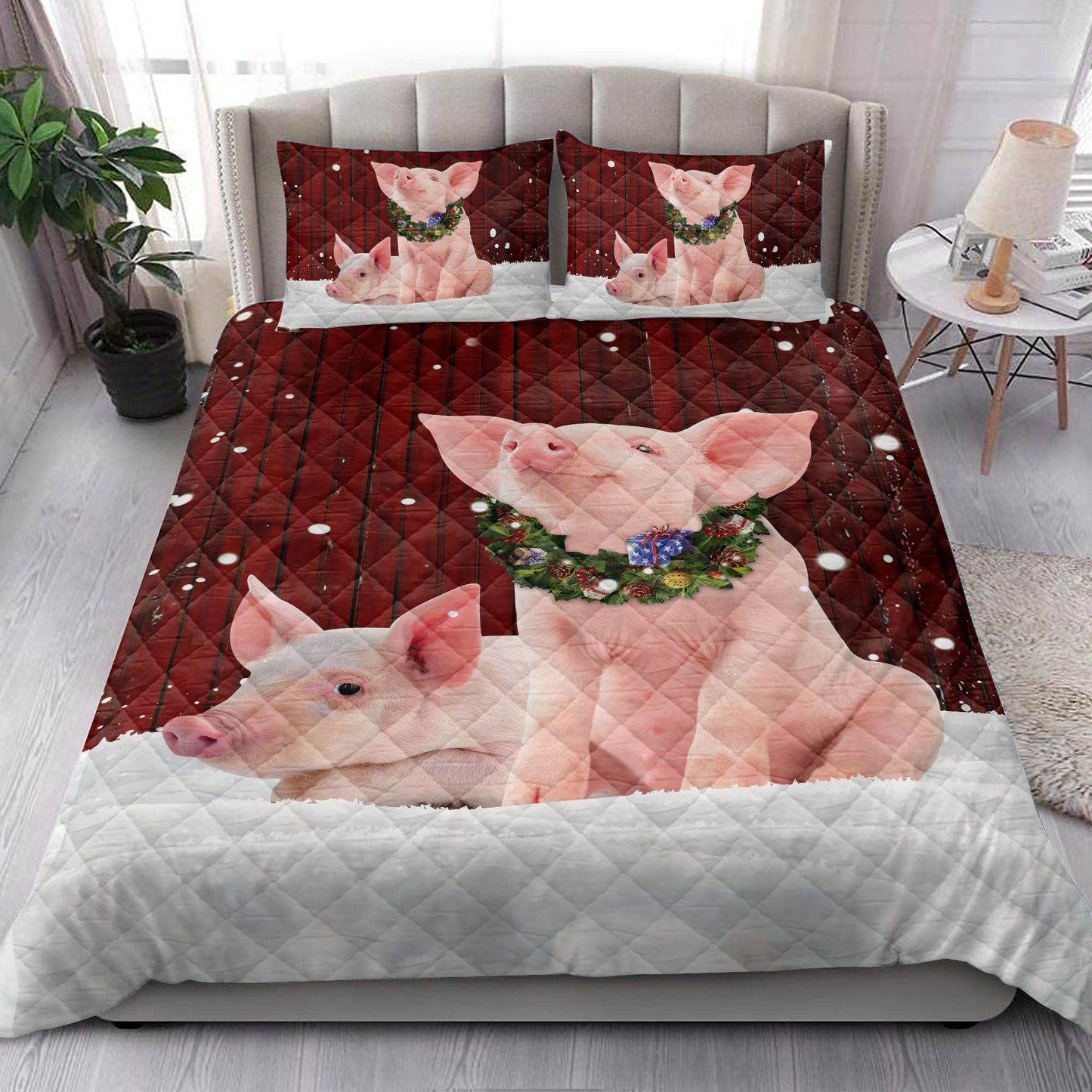 Pig Quilt Set, Pig With Wreathmas Farm Pig Quilt Blanket With Pillowcases, Quilt Bedding Set, Christmas Gift