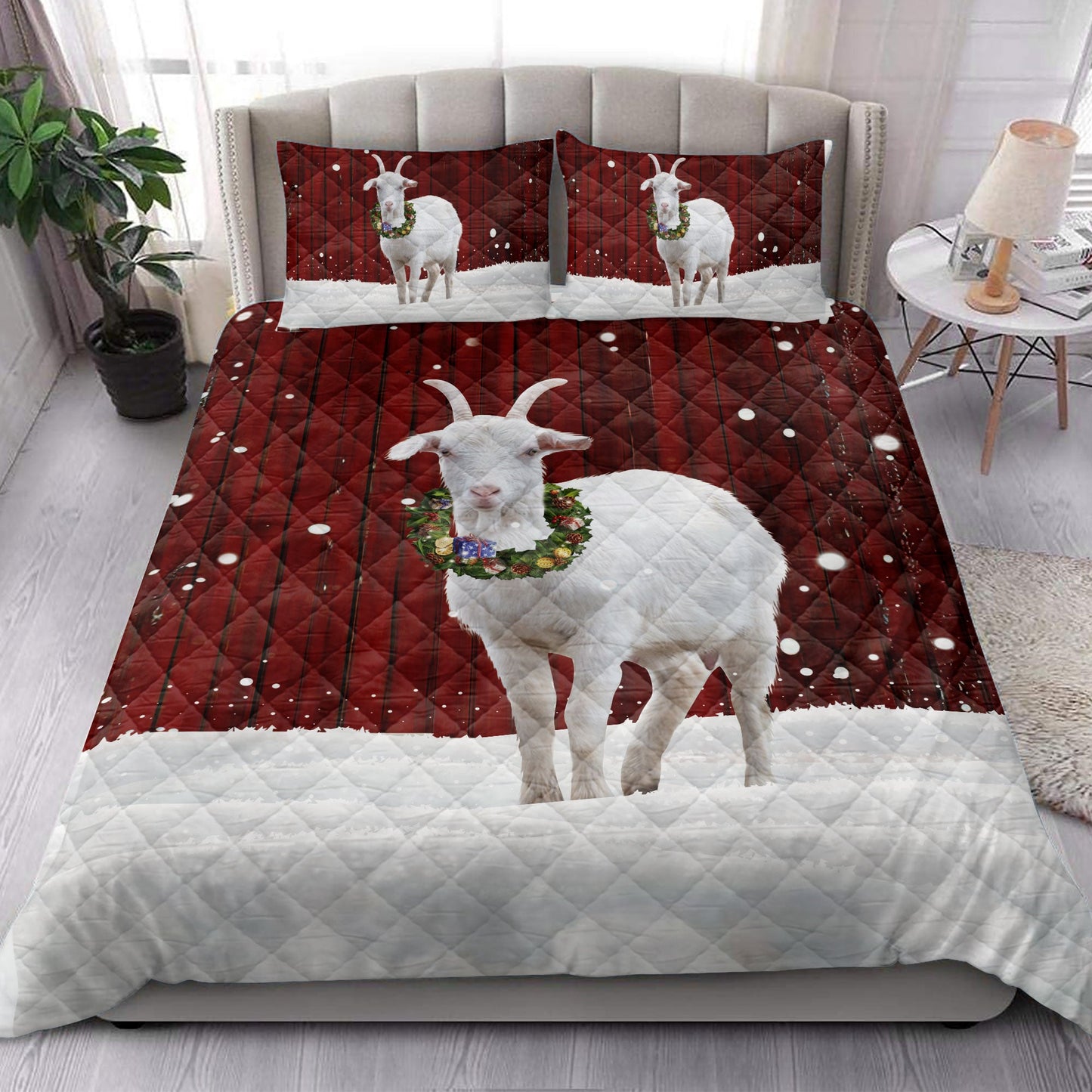 Goat Quilt Set, Goat With Wreathmas Farm Goat Quilt Blanket With Pillowcases, Quilt Bedding Set, Christmas Gift