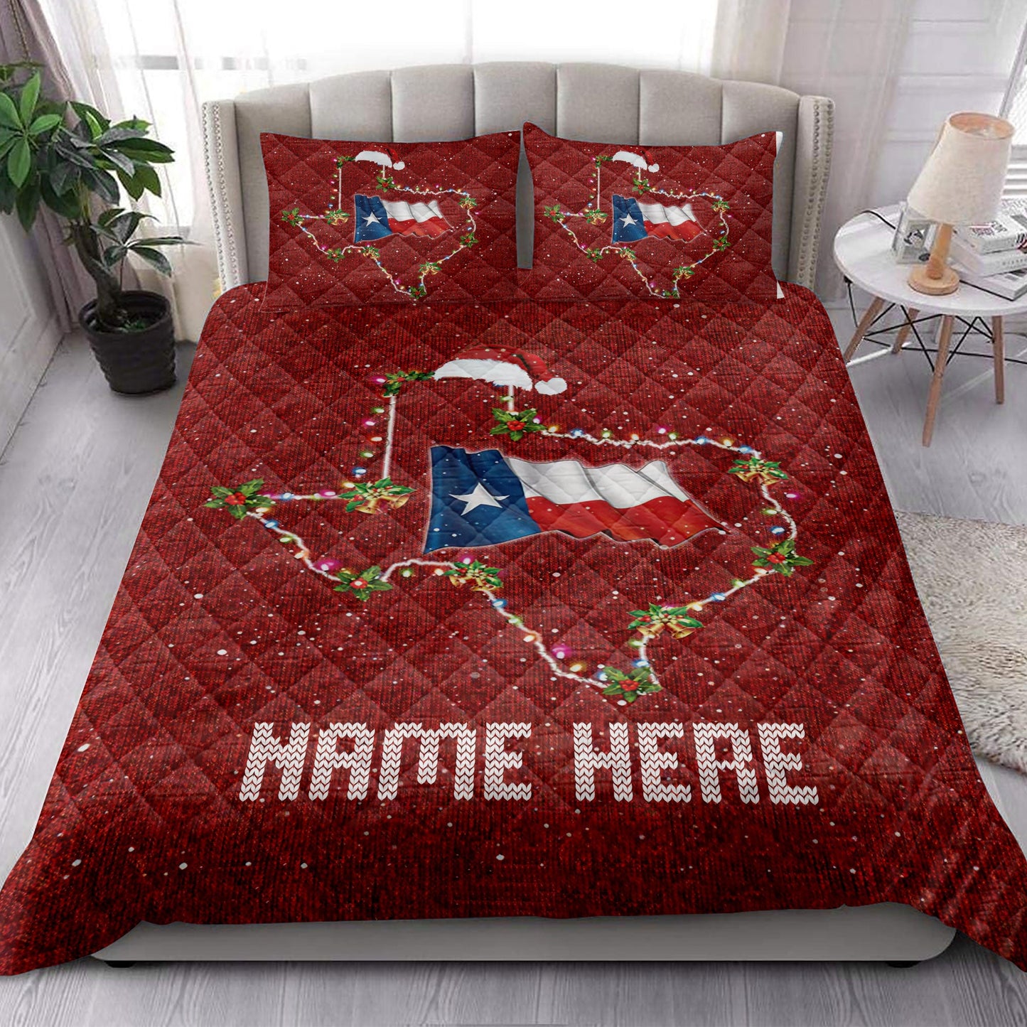 Personalized Texas Flag Quilt Set, Texasmas Hat String Lights Western Quilt Blanket With Pillowcases, Custom Name Quilt Bedding Set, Christmas Gift