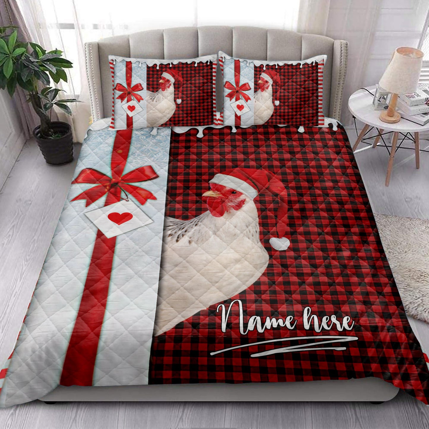 Personalized Chicken Quilt Set, Chicken Santa Hat Withmas Letter Quilt Blanket With Pillowcases, Custom Name Quilt Bedding Set, Christmas Gift