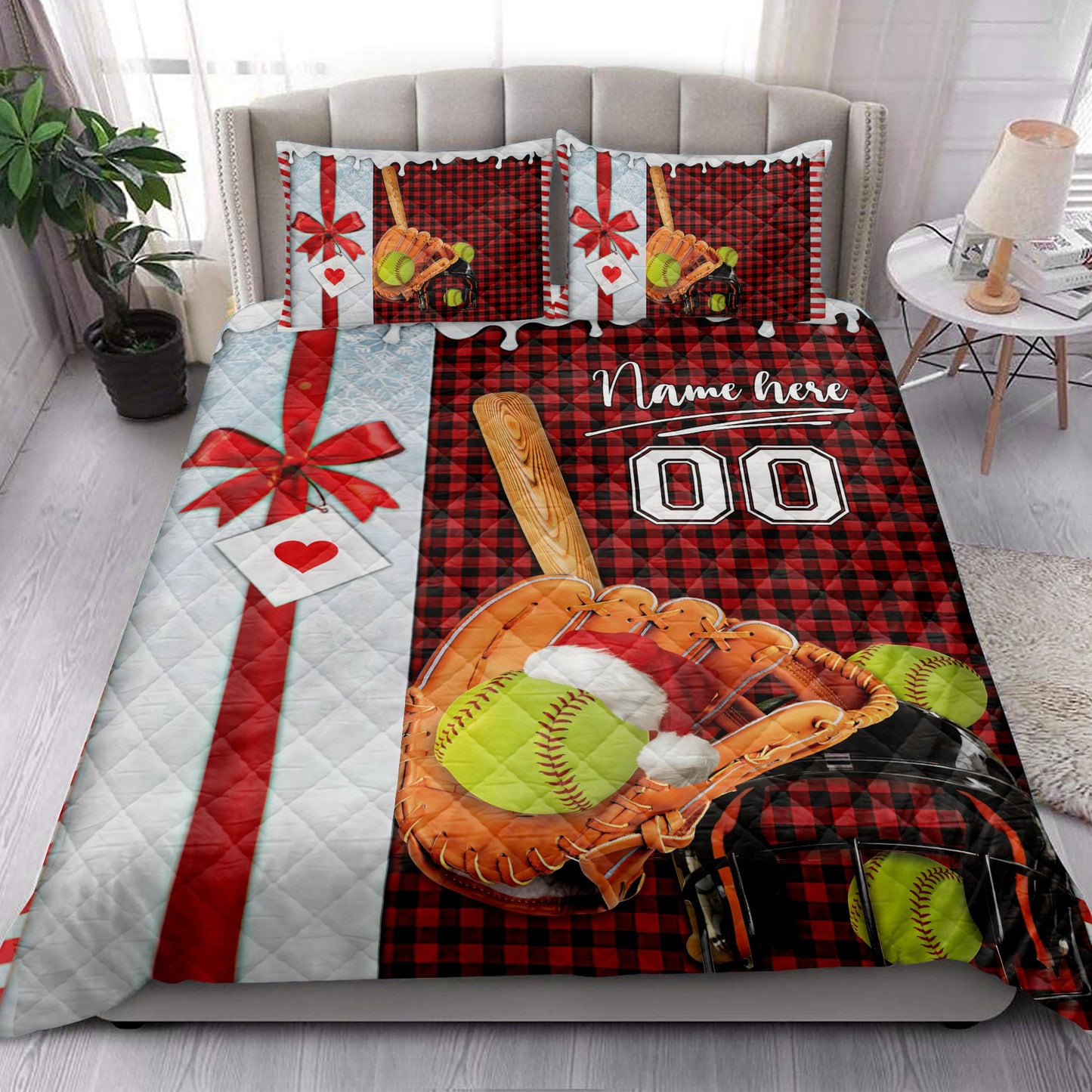 Personalized Softball Quilt Set, Softball Santa Hat Withmas Quilt Blanket With Pillowcases, Custom Name and Number Quilt Bedding Set, Christmas Gift