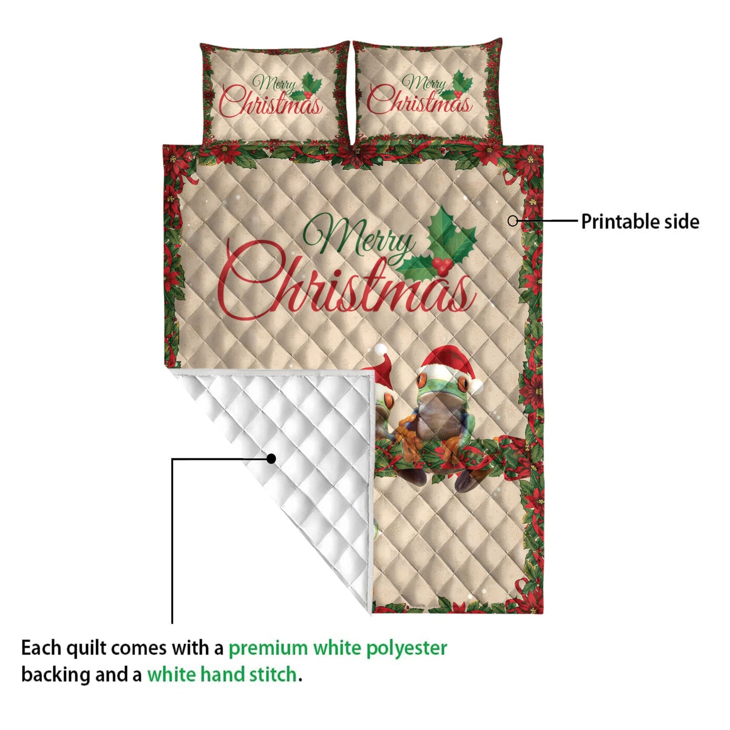Frog Quilt Set, Merrymas Frog With Santa Hat Frog Quilt Blanket With Pillowcases, Quilt Bedding Set, Christmas Gift