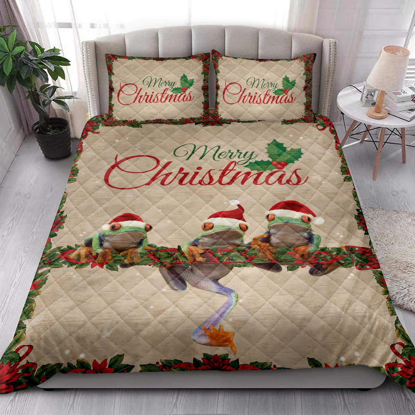 Frog Quilt Set, Merrymas Frog With Santa Hat Frog Quilt Blanket With Pillowcases, Quilt Bedding Set, Christmas Gift