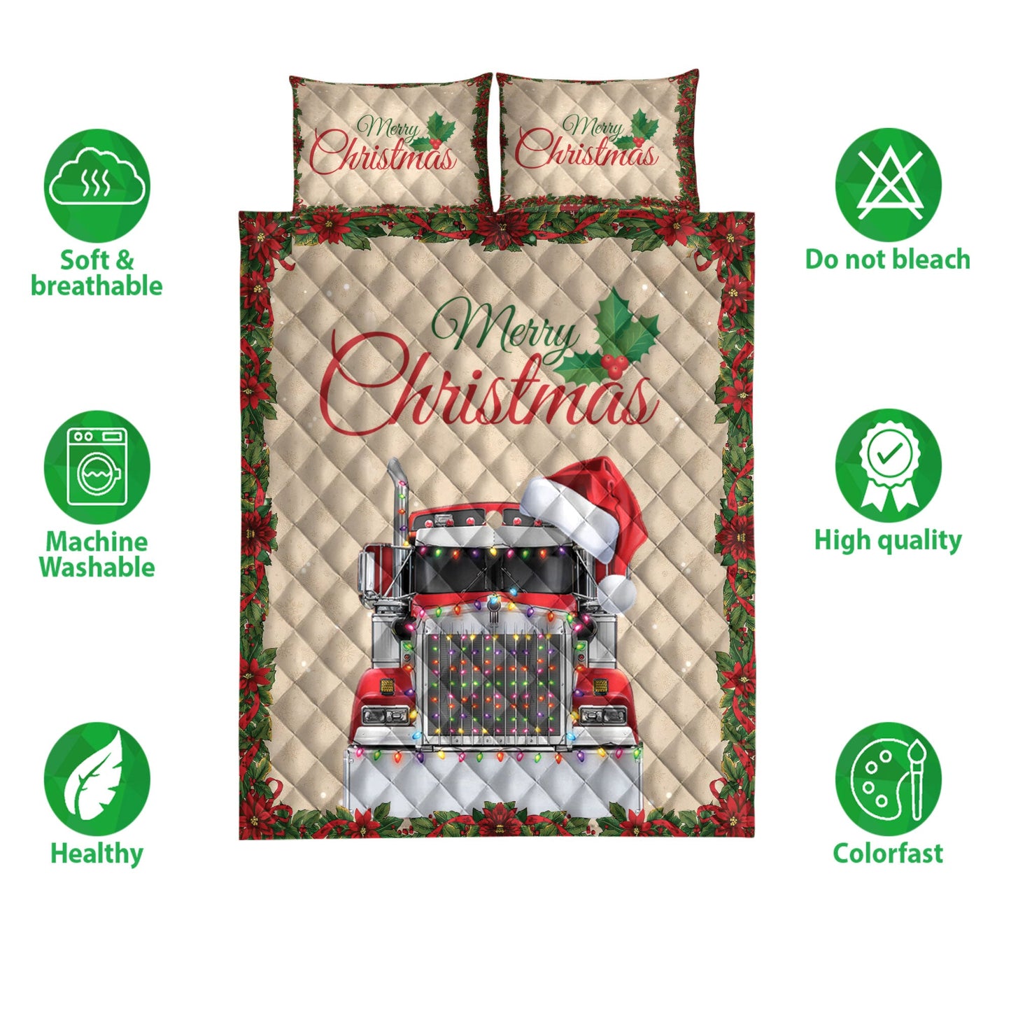 Trucker Quilt Set, Merrymas Red Truck With Santa Hat Trucker Quilt Blanket With Pillowcases, Quilt Bedding Set, Christmas Gift