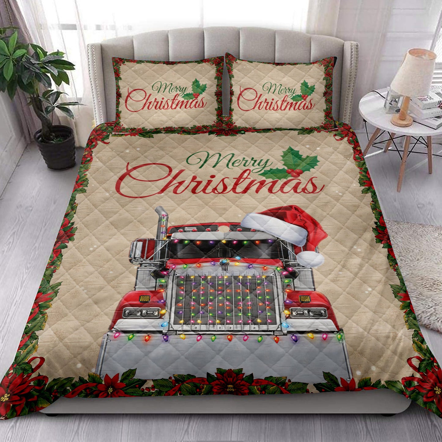 Trucker Quilt Set, Merrymas Red Truck With Santa Hat Trucker Quilt Blanket With Pillowcases, Quilt Bedding Set, Christmas Gift
