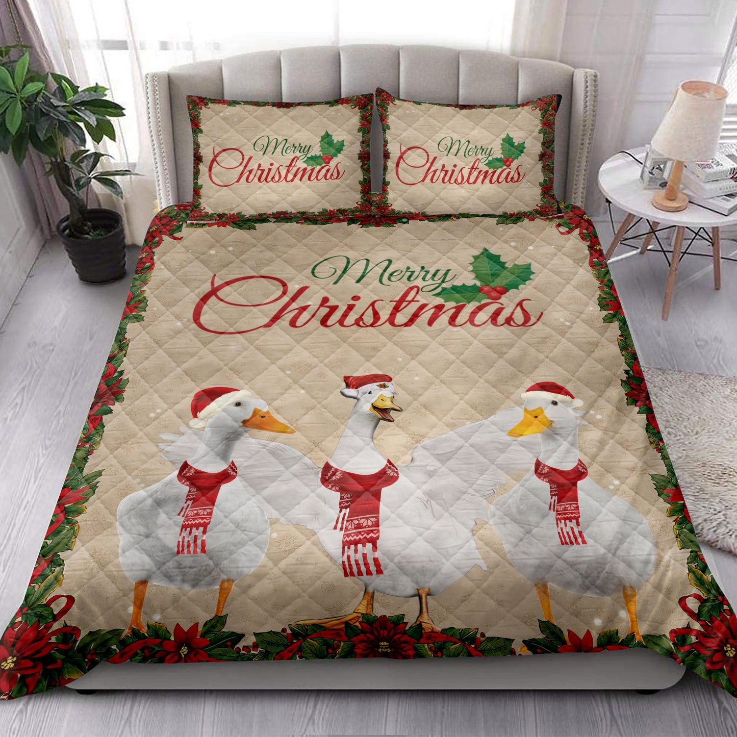 Duck Quilt Set, Merrymas Duck With Santa Hat Duck Quilt Blanket With Pillowcases, Quilt Bedding Set, Christmas Gift