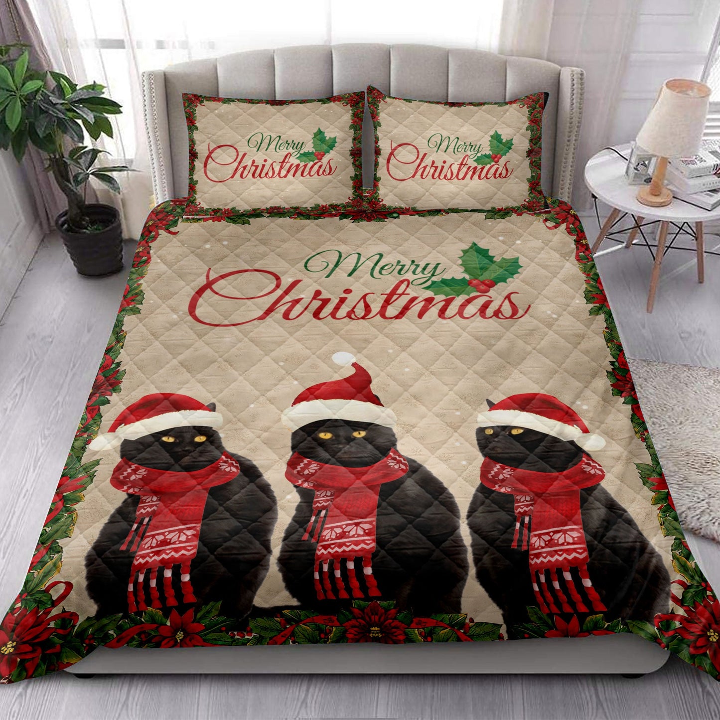 Black Cat Quilt Set, Merrymas Black Cat With Santa Hat Cat Quilt Blanket With Pillowcases, Quilt Bedding Set, Christmas Gift