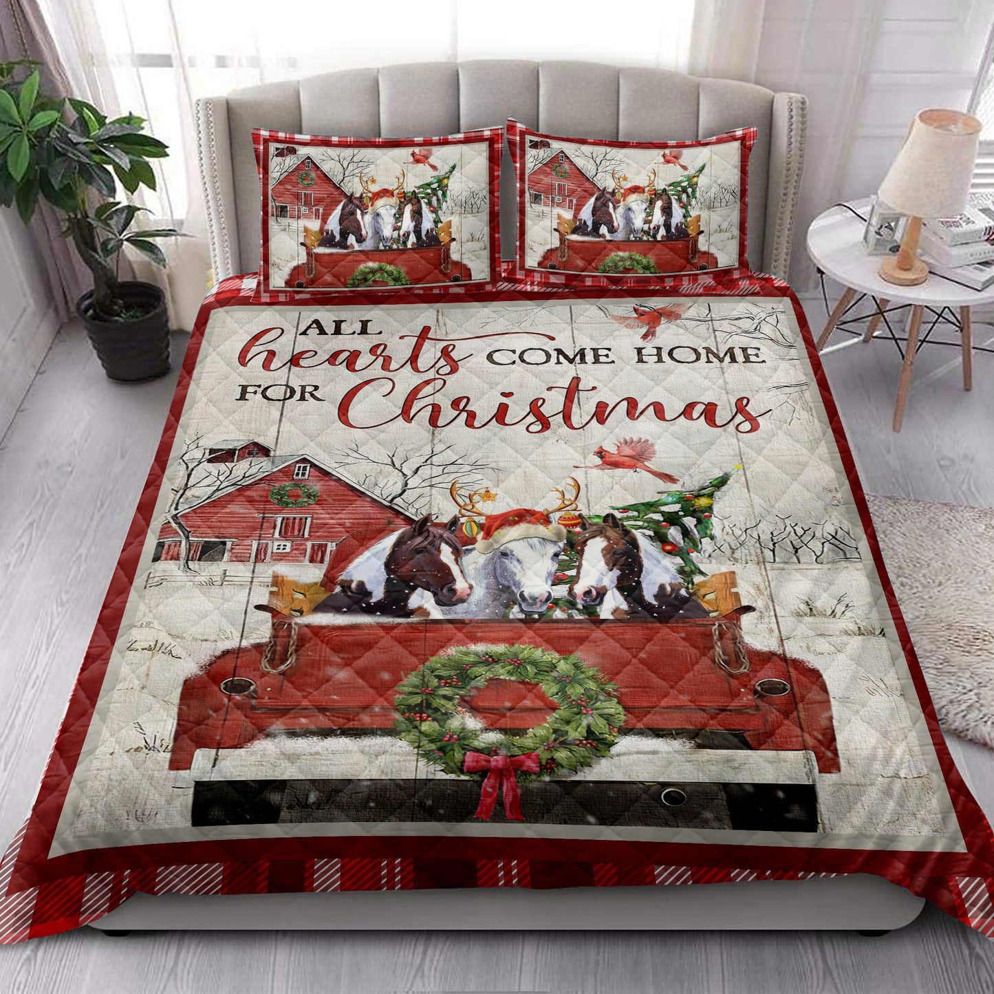 Horse Quilt Set, Horse With Truckmas Tree Snowflake Cozy Farmho Use Red Plaid Quilt Blanket With Pillowcases, Quilt Bedding Set, Christmas Gift