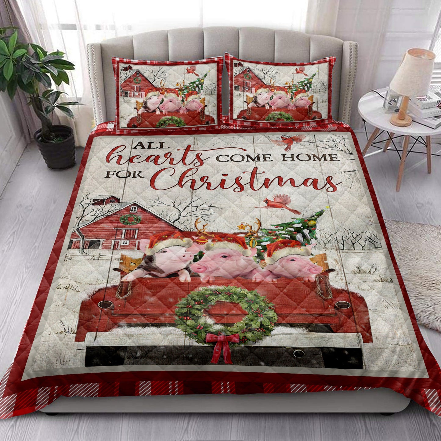 Pig Quilt Set, Pig With Truckmas Tree Snowflake Cozy Farmho Use Red Plaid Quilt Blanket With Pillowcases, Quilt Bedding Set, Christmas Gift