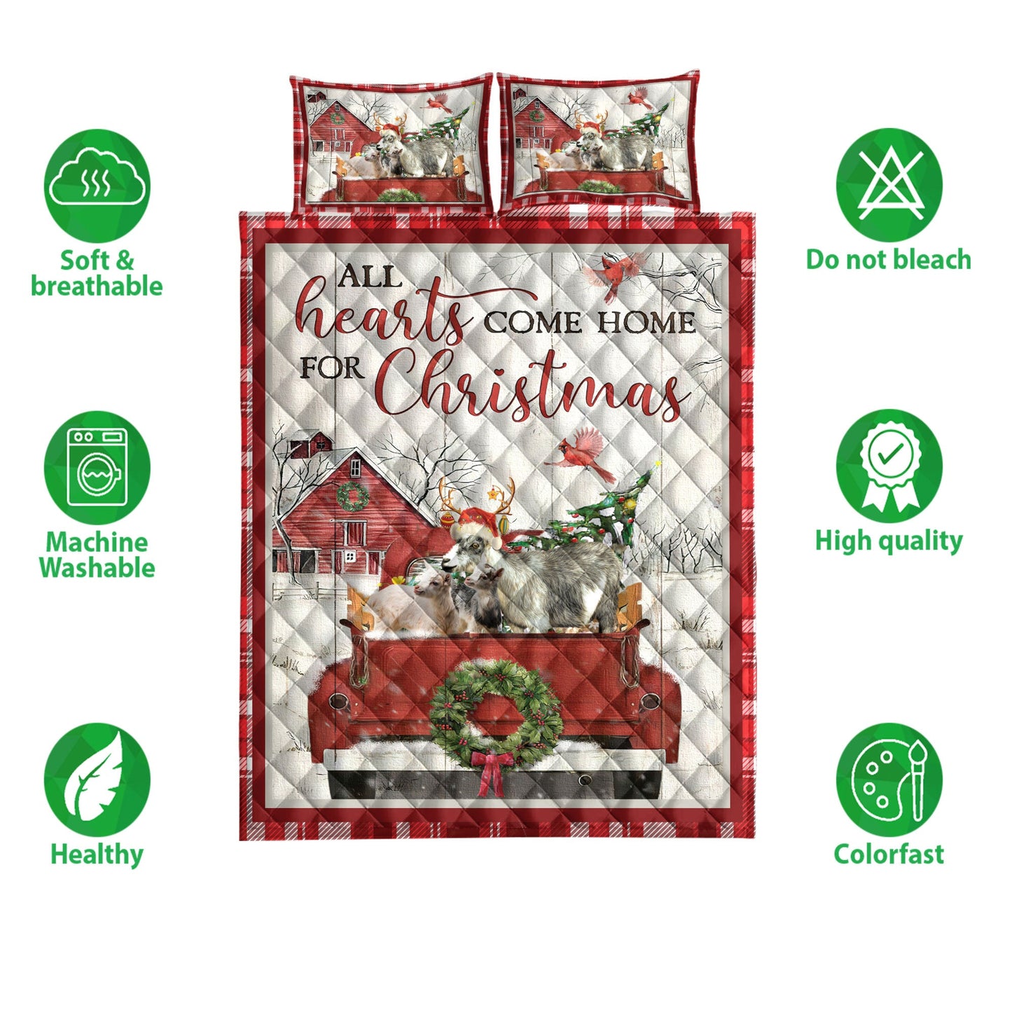 Goat Quilt Set, Goat With Truckmas Tree Snowflake Cozy Farmho Use Red Plaid Quilt Blanket With Pillowcases, Quilt Bedding Set, Christmas Gift