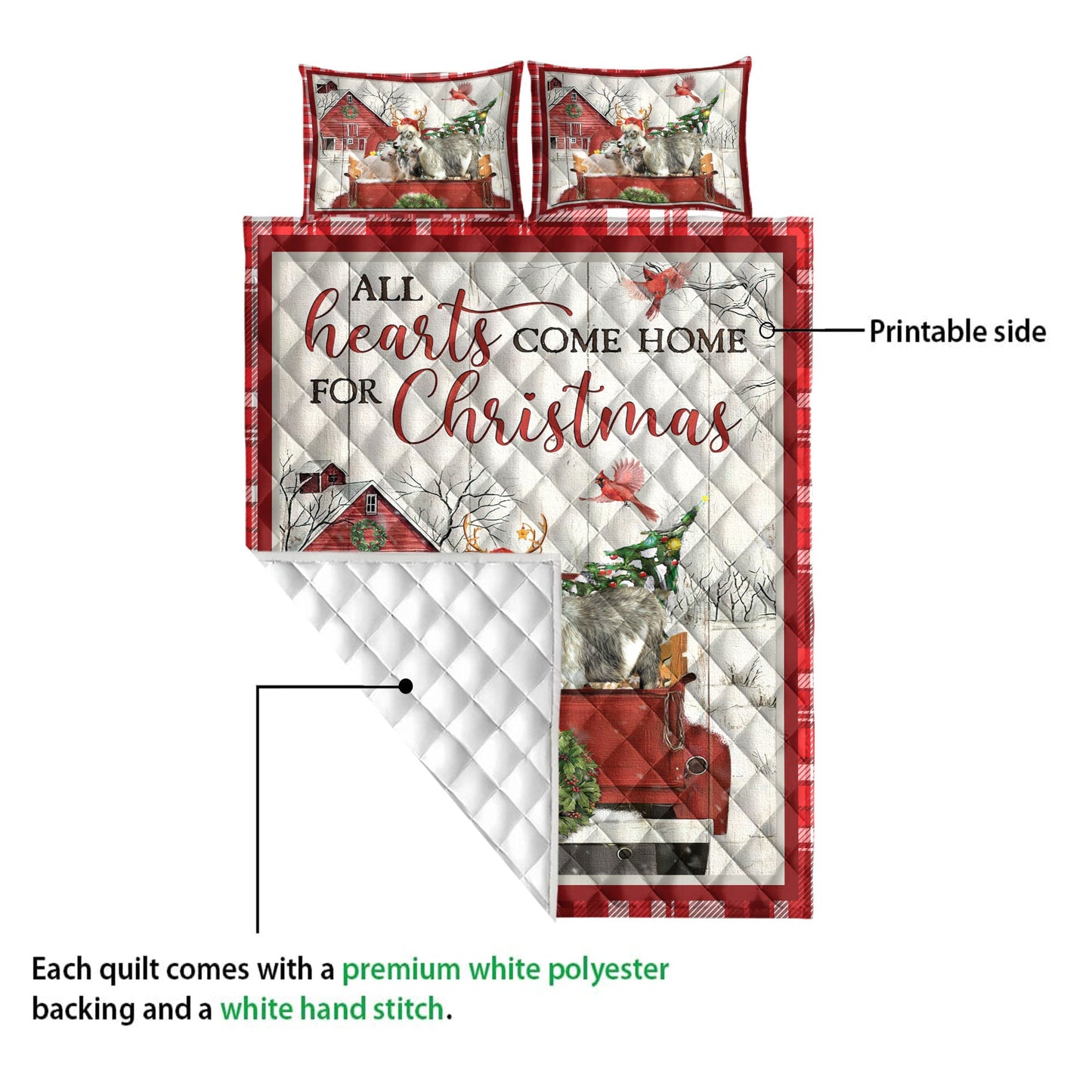 Goat Quilt Set, Goat With Truckmas Tree Snowflake Cozy Farmho Use Red Plaid Quilt Blanket With Pillowcases, Quilt Bedding Set, Christmas Gift