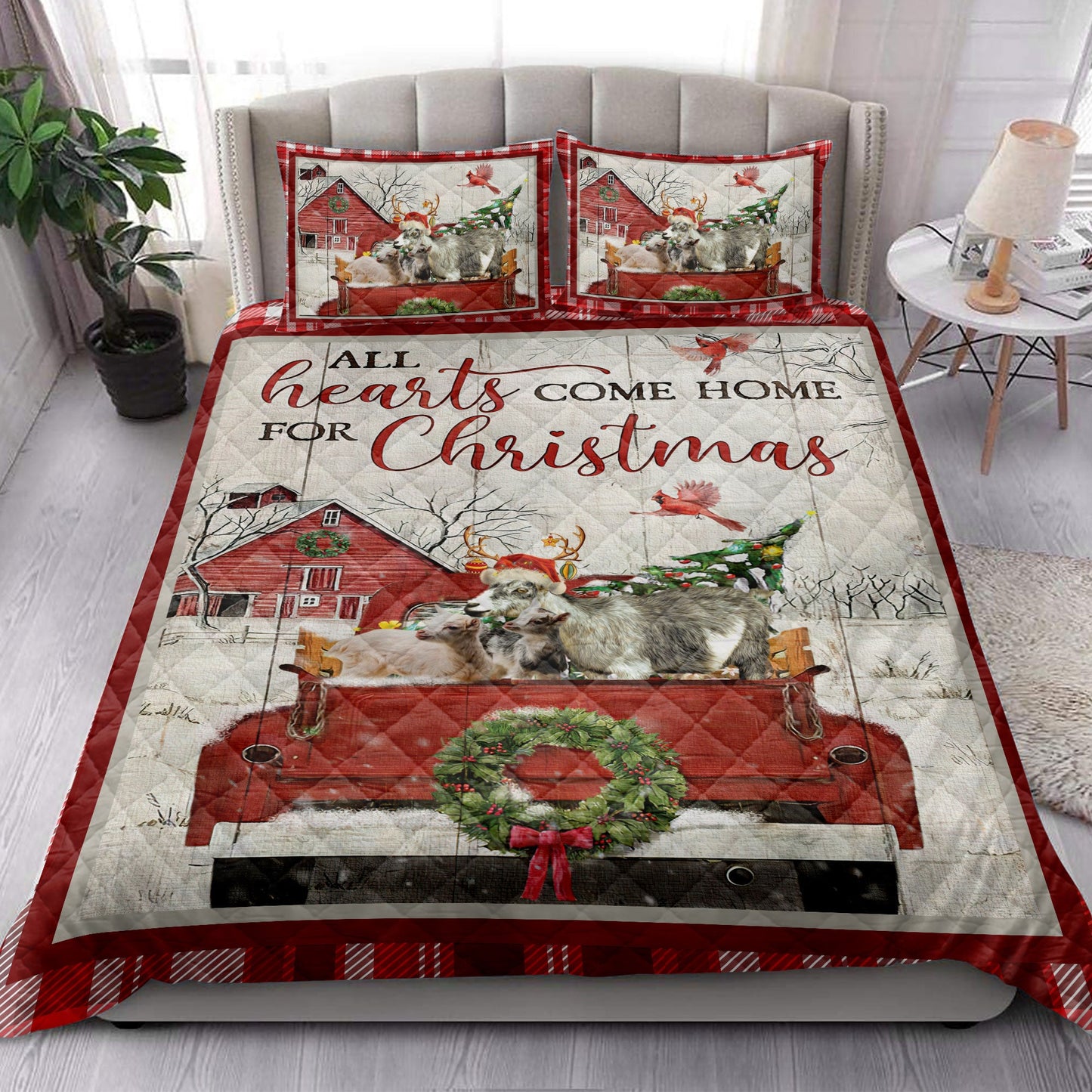 Goat Quilt Set, Goat With Truckmas Tree Snowflake Cozy Farmho Use Red Plaid Quilt Blanket With Pillowcases, Quilt Bedding Set, Christmas Gift