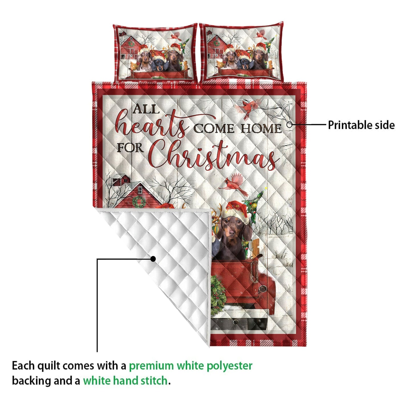 Dachshund Quilt Set, Dachshund With Truckmas Tree Snowflake Farmho Use Red Plaid Quilt Blanket With Pillowcases, Quilt Bedding Set, Christmas Gift