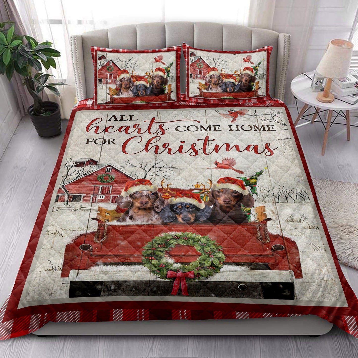 Dachshund Quilt Set, Dachshund With Truckmas Tree Snowflake Farmho Use Red Plaid Quilt Blanket With Pillowcases, Quilt Bedding Set, Christmas Gift