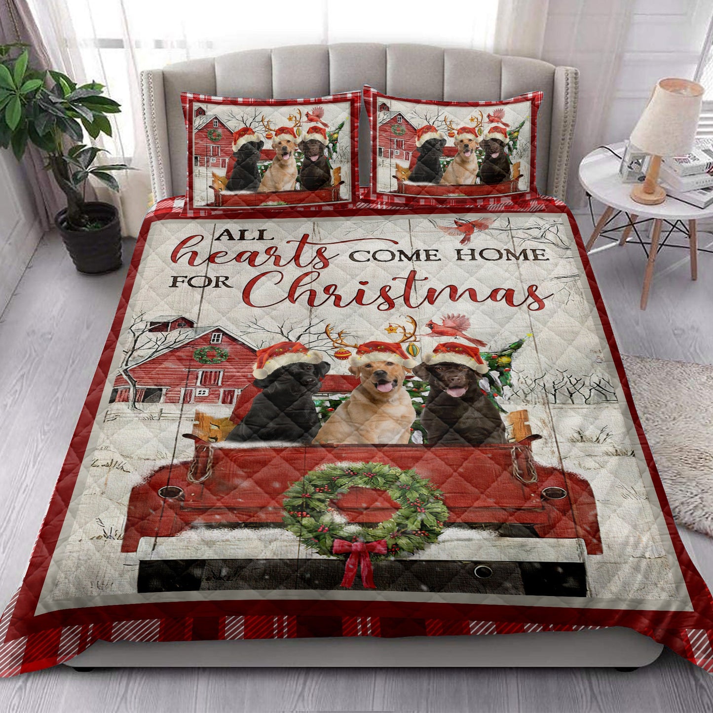 Labrador Retriever Quilt Set, Labrador With Truckmas Tree Snowflake Cozy Farmho Use Quilt Blanket With Pillowcases, Quilt Bedding Set, Christmas Gift