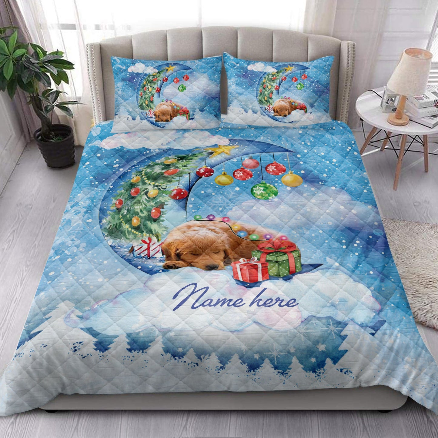 Goldendoodle Quilt Set, Goldendoodle Sleeping On The Moon Snowflake Xmas Tree Dog Quilt Blanket With Pillowcases, Quilt Bedding Set