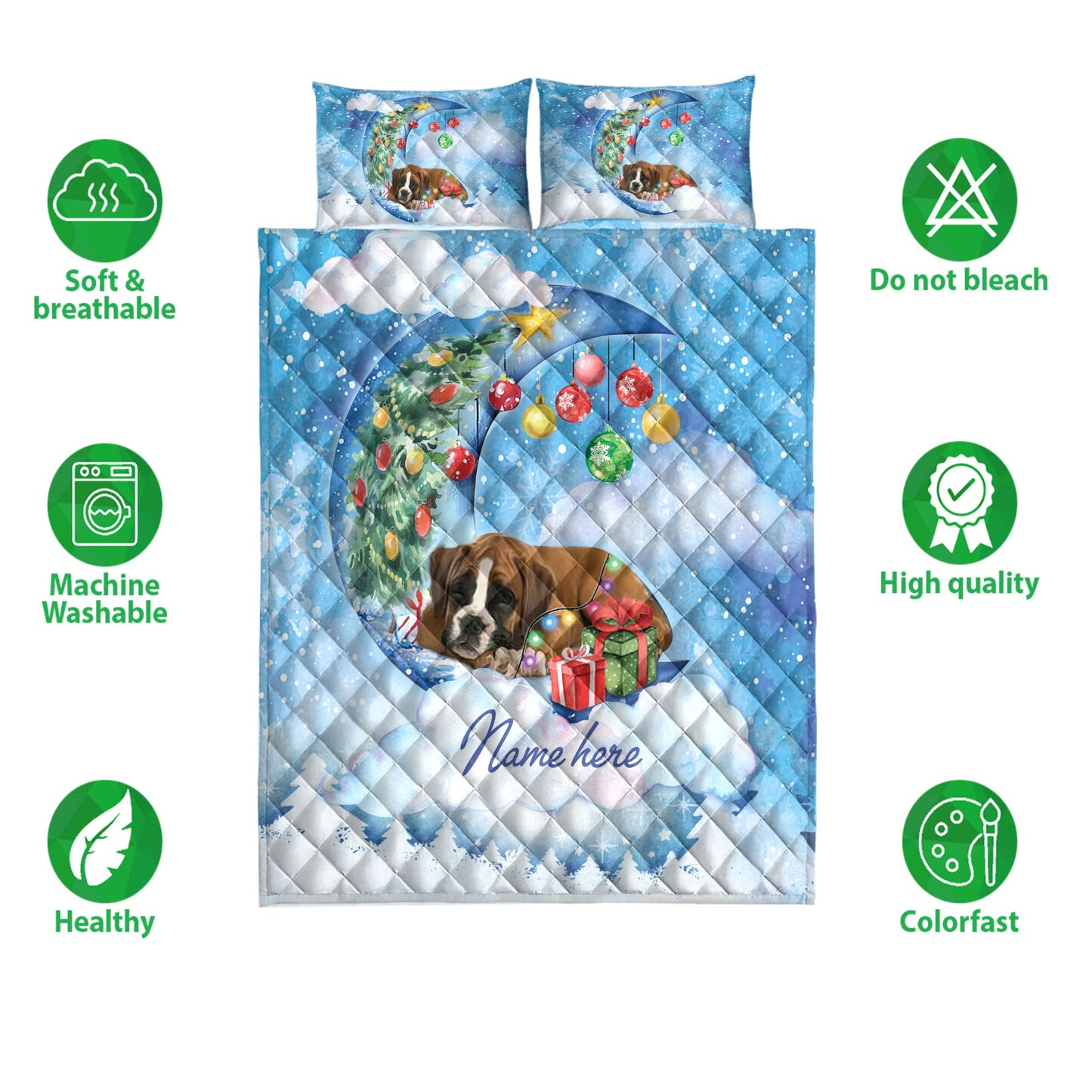 Boxer Quilt Set, Boxer Sleeping On The Moon Snowflakemas Tree Dog Quilt Blanket With Pillowcases, Quilt Bedding Set, Christmas Gift