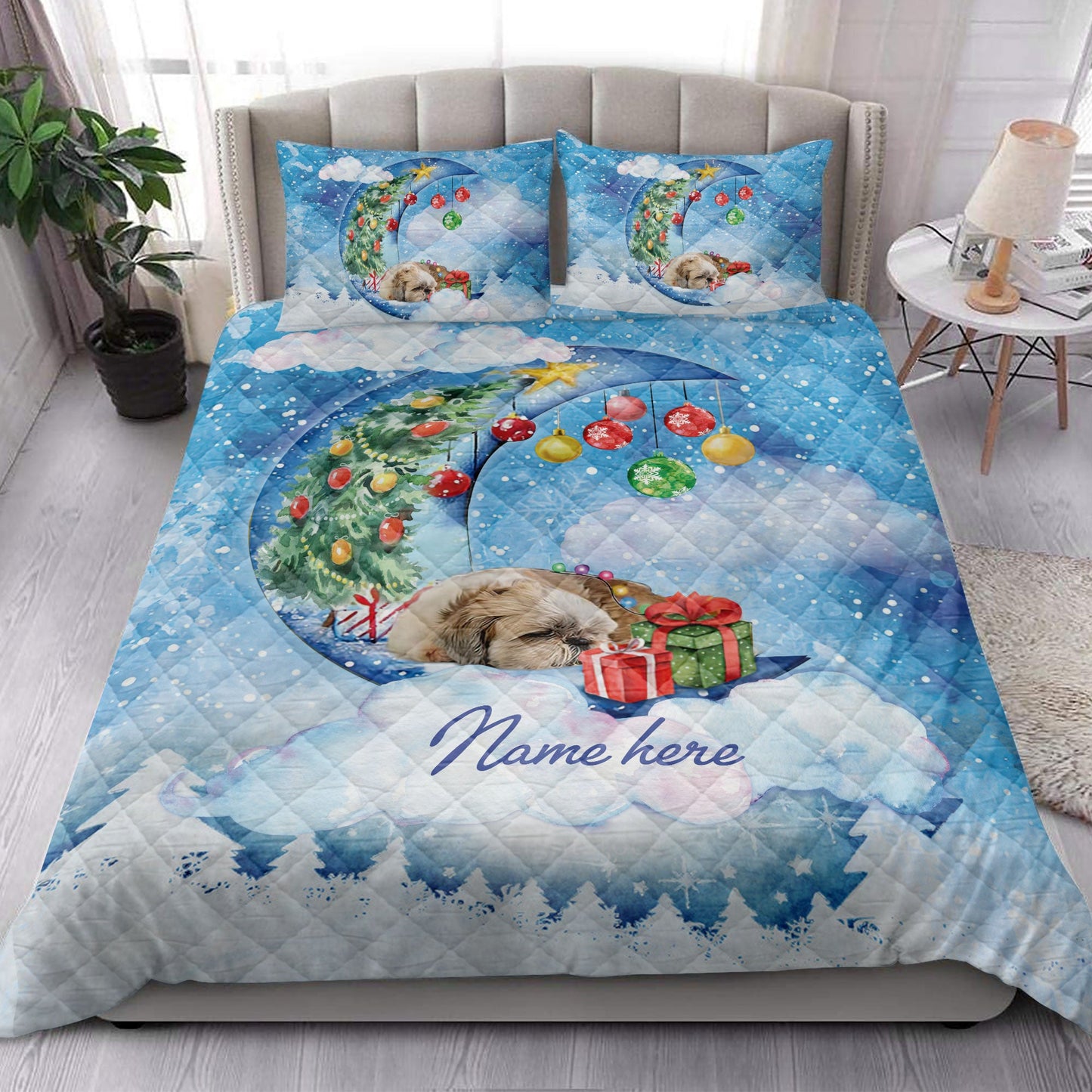 Shih Tzu Quilt Set, Shih Tzu Sleeping On The Moon Snowflakemas Tree Dog Quilt Blanket With Pillowcases, Quilt Bedding Set, Christmas Gift