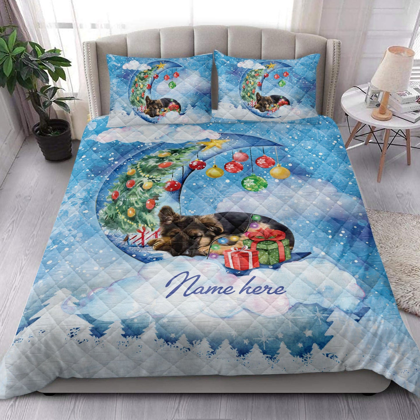German Shepherd Quilt Set, German Shepherd Sleeping On The Moon Snowflake Xmas Tree Dog Quilt Blanket With Pillowcases, Quilt Bedding Set