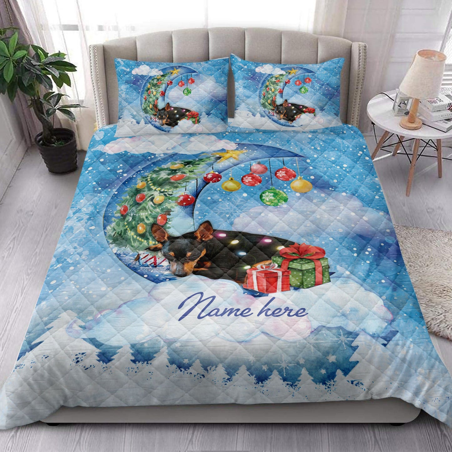 Miniature Pinscher Quilt Set, Miniature Pinscher Sleeping On The Moonmas Tree Dog Quilt Blanket With Pillowcases, Quilt Bedding Set, Christmas Gift