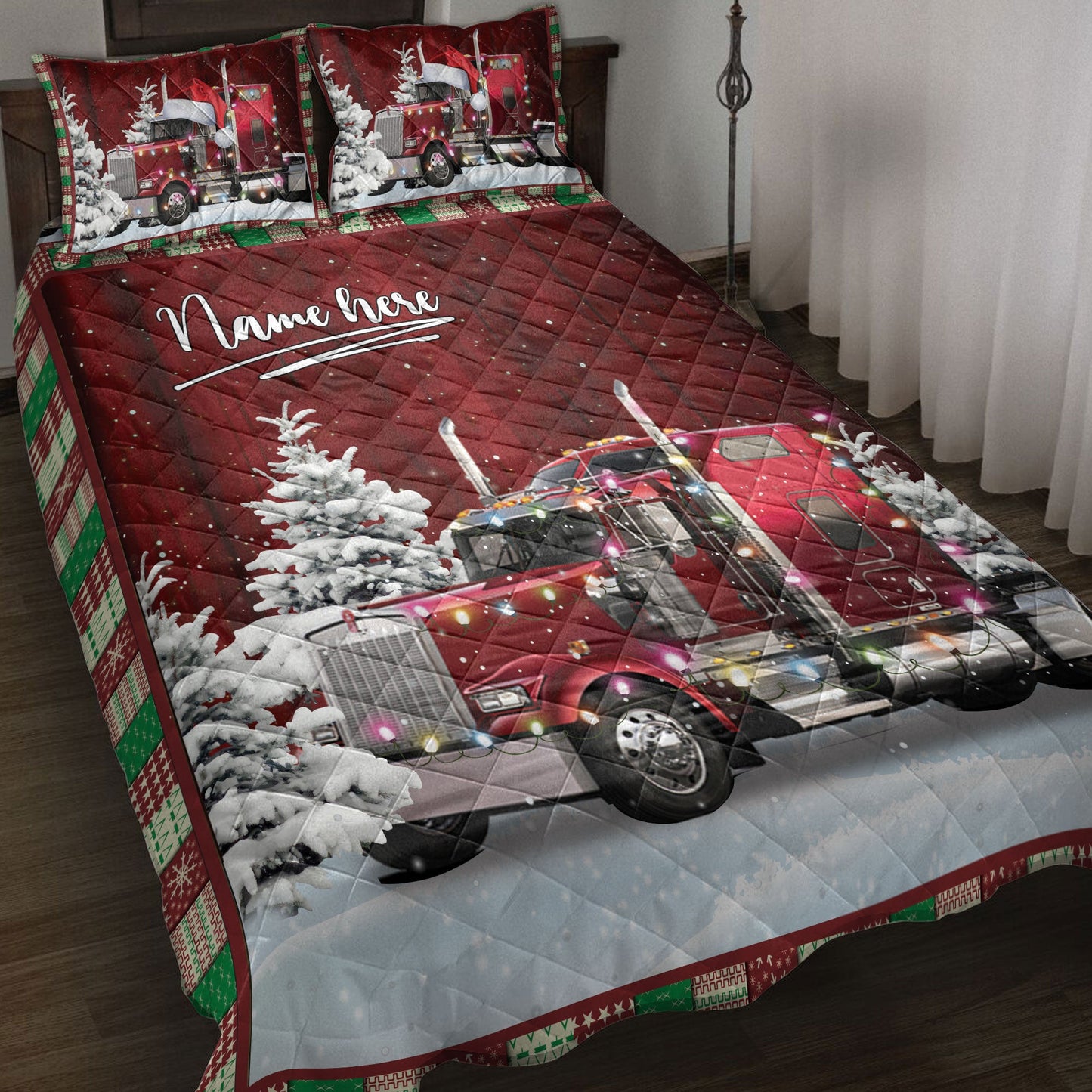 Trucker Quilt Set, Red Trucker With String Lightsmas Tree Snowdrift Quilt Blanket With Pillowcases, Quilt Bedding Set, Christmas Gift