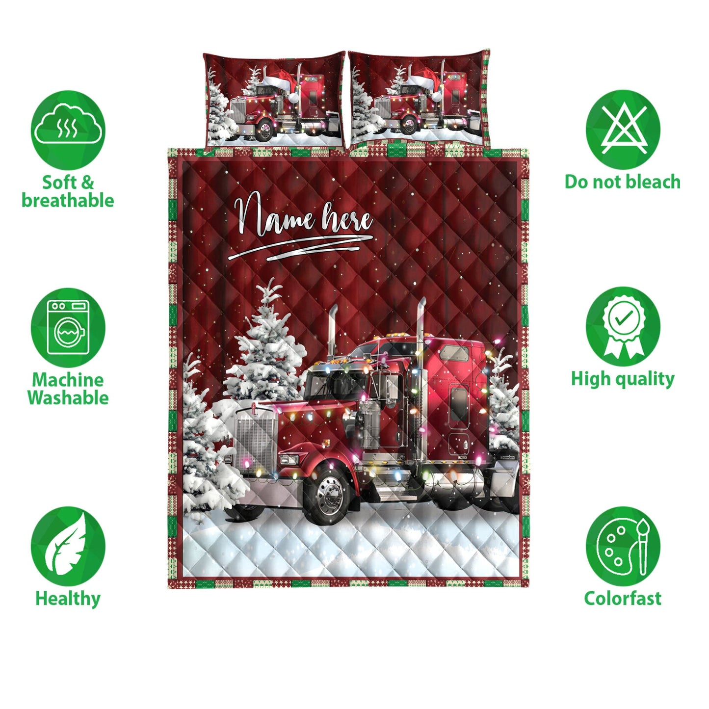 Trucker Quilt Set, Red Trucker With String Lightsmas Tree Snowdrift Quilt Blanket With Pillowcases, Quilt Bedding Set, Christmas Gift