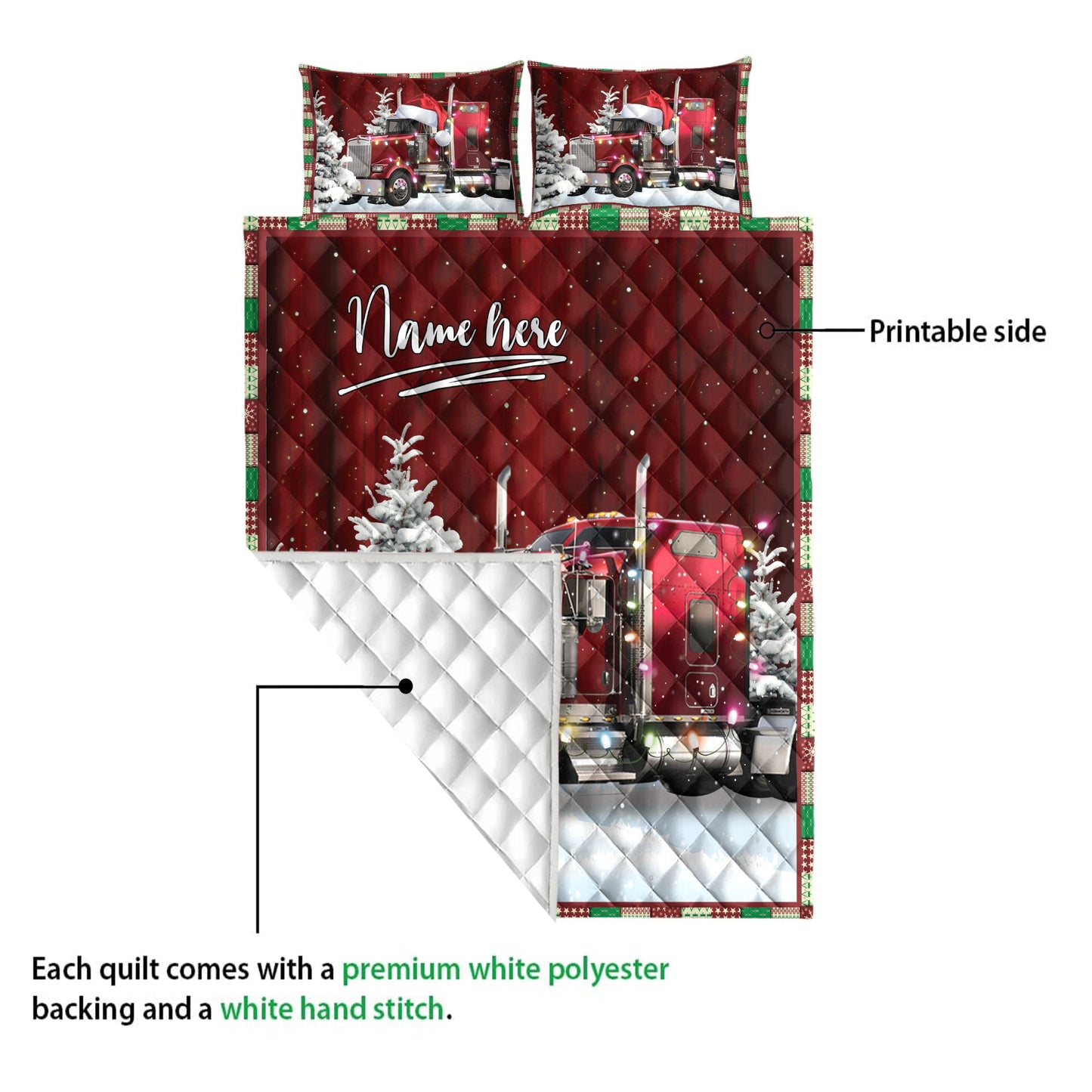 Trucker Quilt Set, Red Trucker With String Lightsmas Tree Snowdrift Quilt Blanket With Pillowcases, Quilt Bedding Set, Christmas Gift