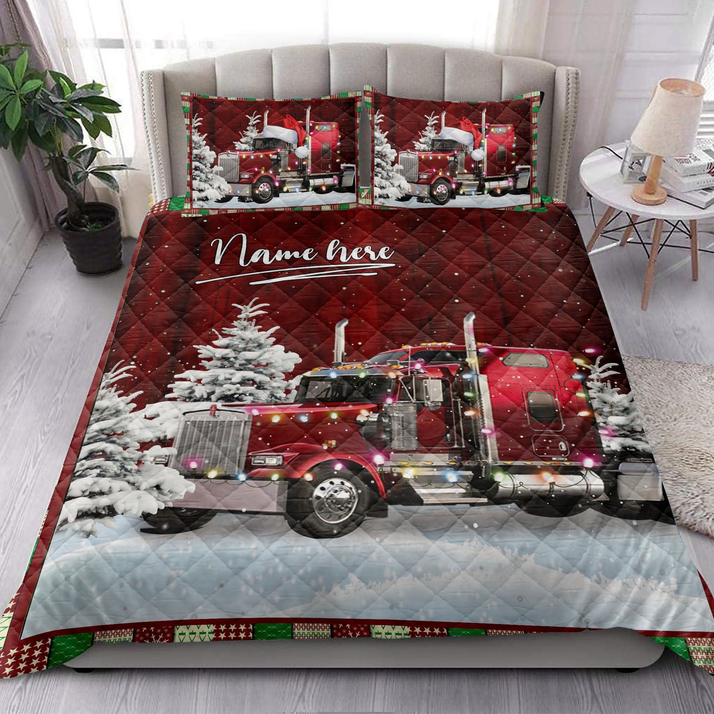 Trucker Quilt Set, Red Trucker With String Lightsmas Tree Snowdrift Quilt Blanket With Pillowcases, Quilt Bedding Set, Christmas Gift