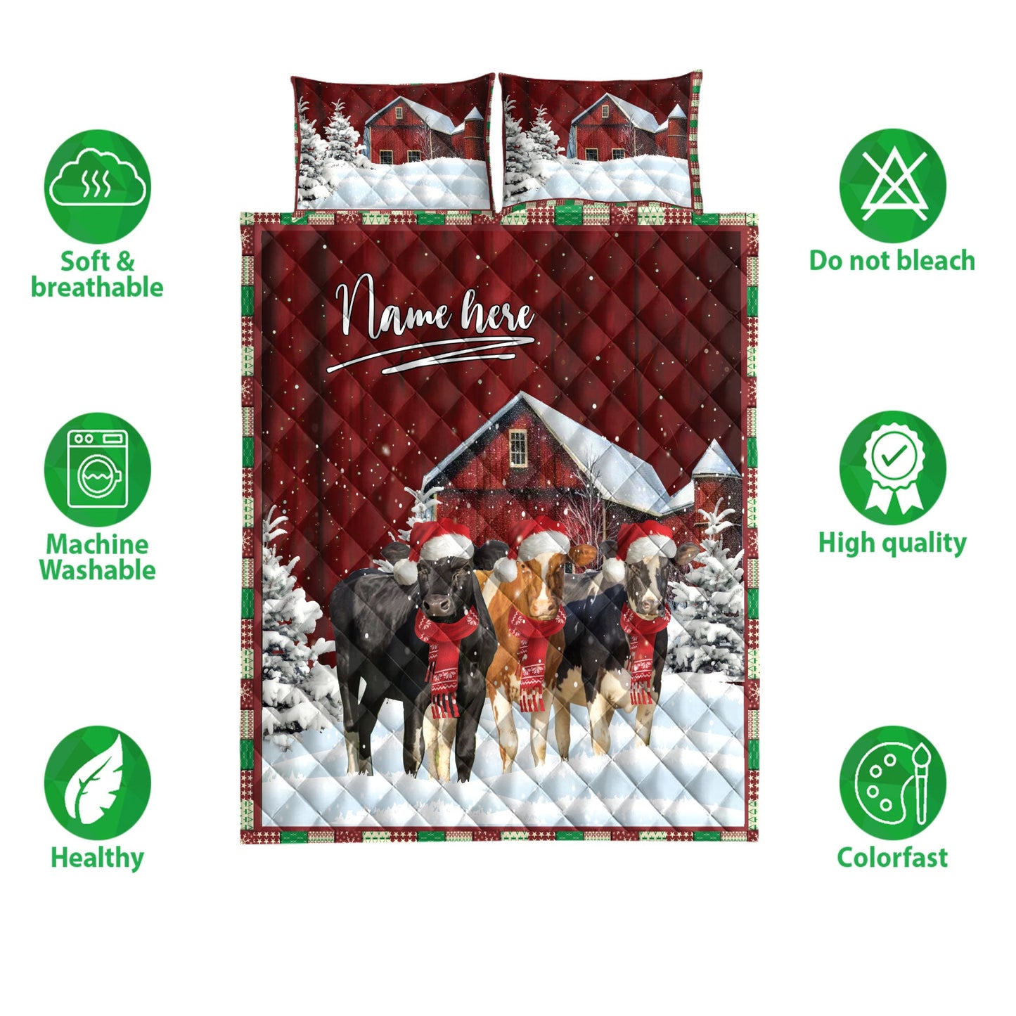Cow Quilt Set, Cow With String Lightsmas Tree Snowdrift Quilt Blanket With Pillowcases, Quilt Bedding Set, Christmas Gift