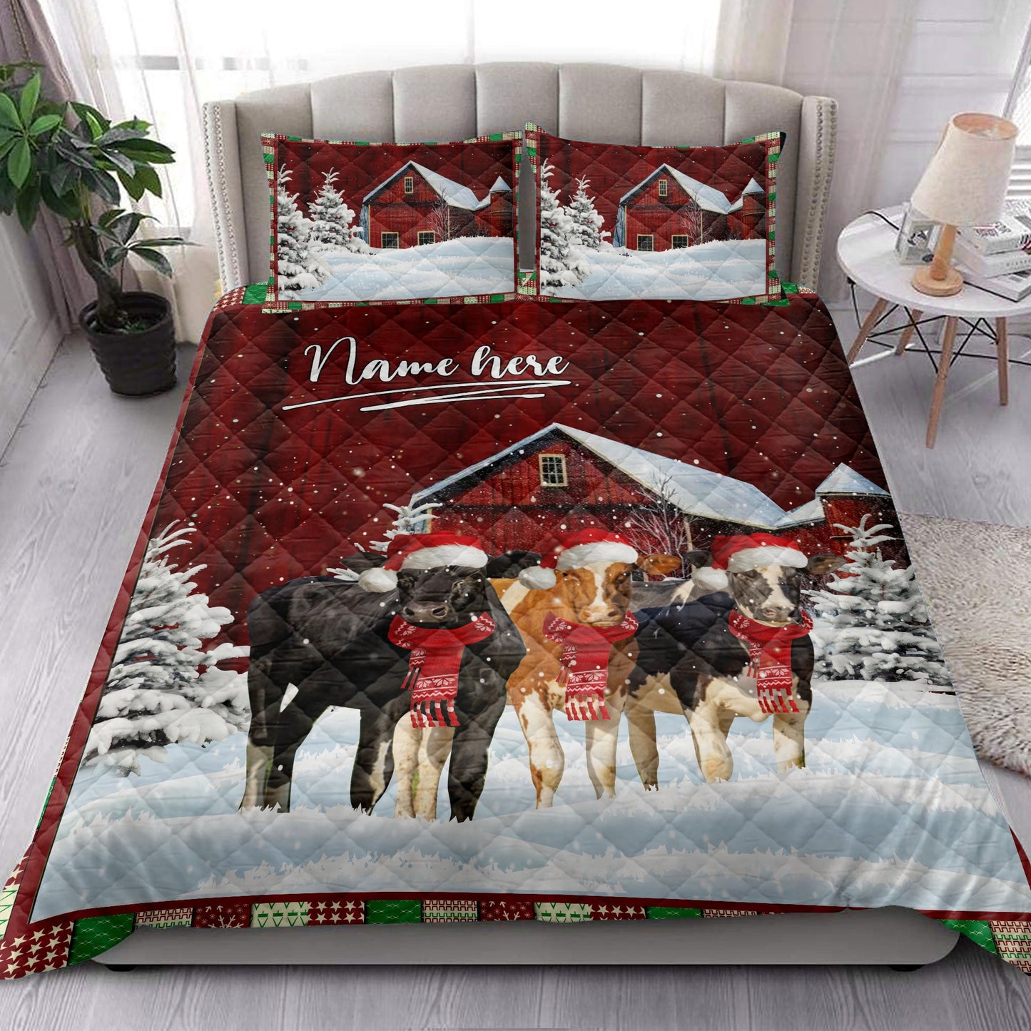 Cow Quilt Set, Cow With String Lightsmas Tree Snowdrift Quilt Blanket With Pillowcases, Quilt Bedding Set, Christmas Gift