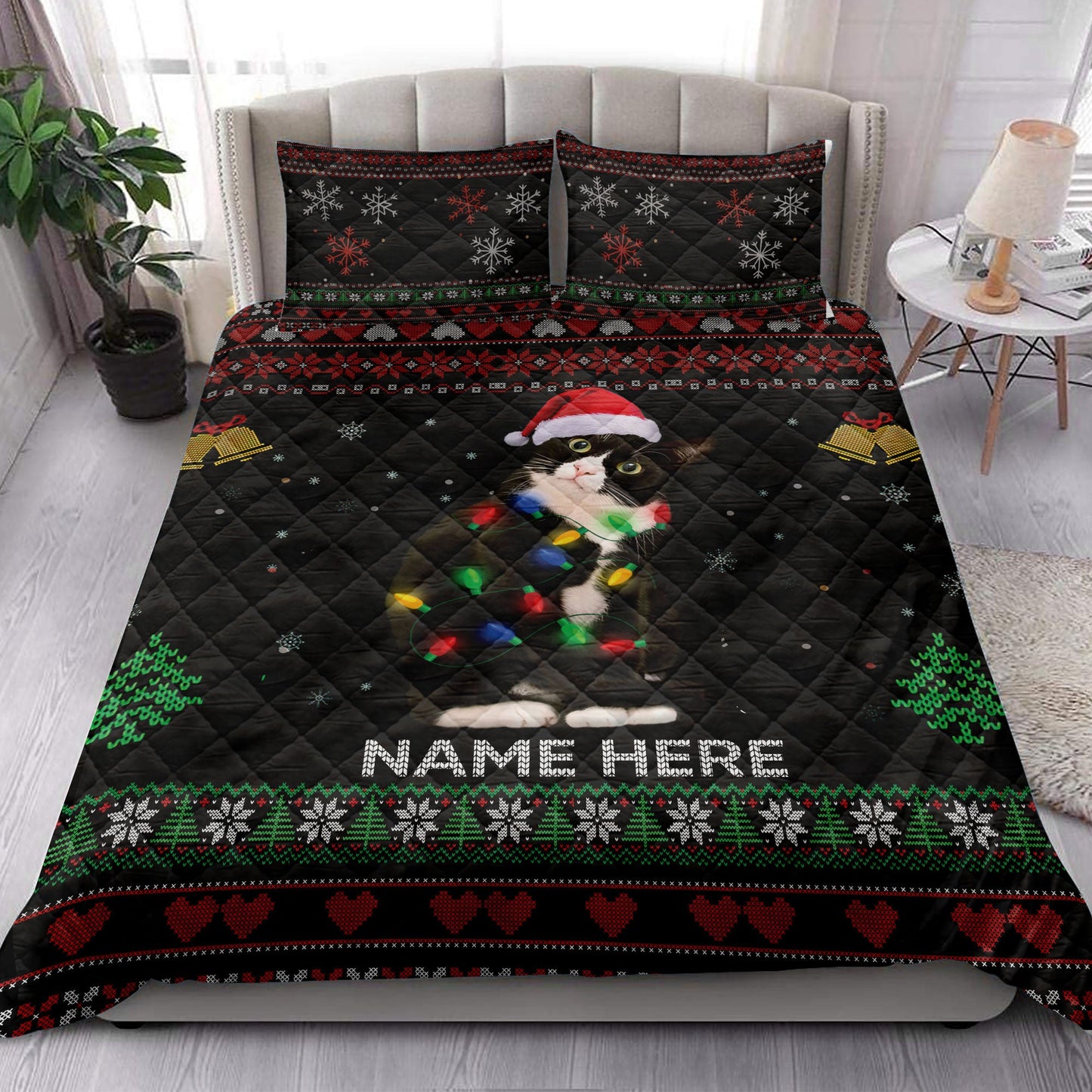 Personalized Tuxedo Cat Quilt Set, Tuxedo Catmas Hat String Lights Quilt Blanket With Pillowcases, Custom Name Quilt Bedding Set, Christmas Gift
