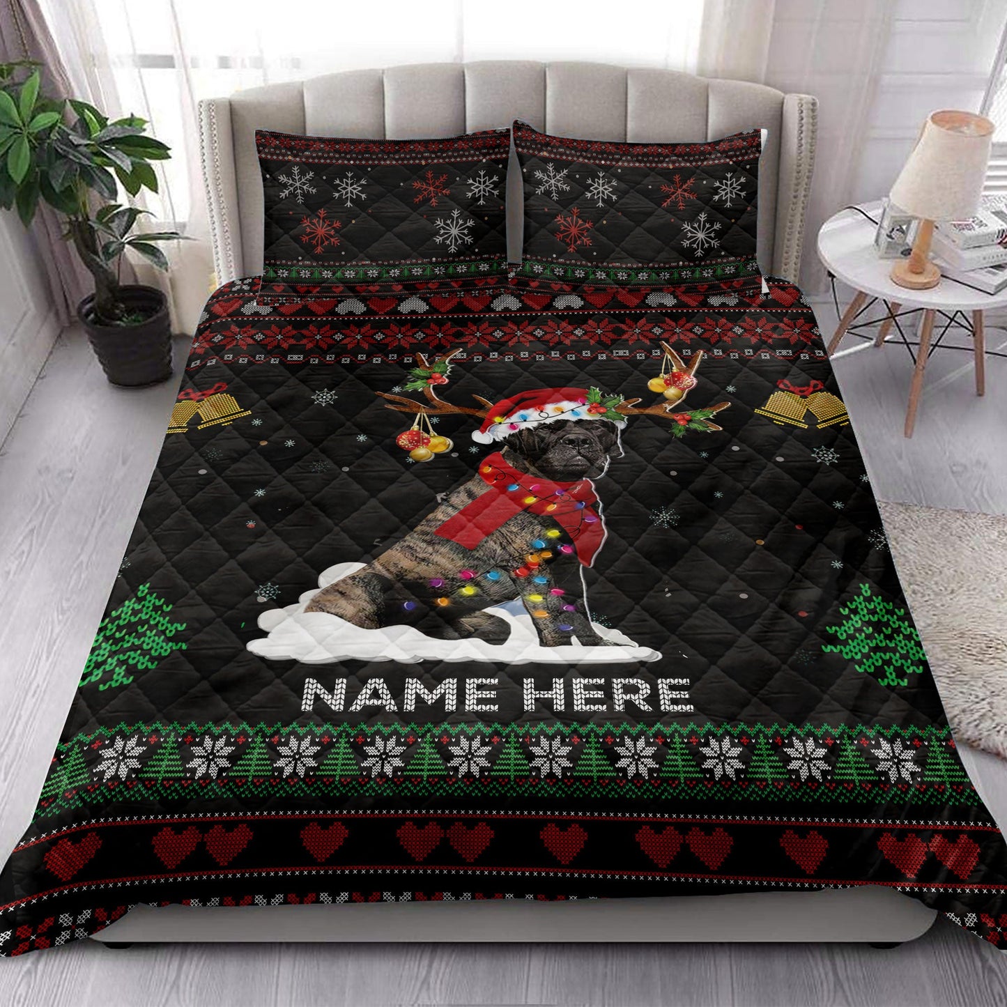 Personalized English Mastiff Quilt Set, Brindle English Mastiffmas Hat Quilt Blanket With Pillowcases, Custom Name Quilt Bedding Set, Christmas Gift