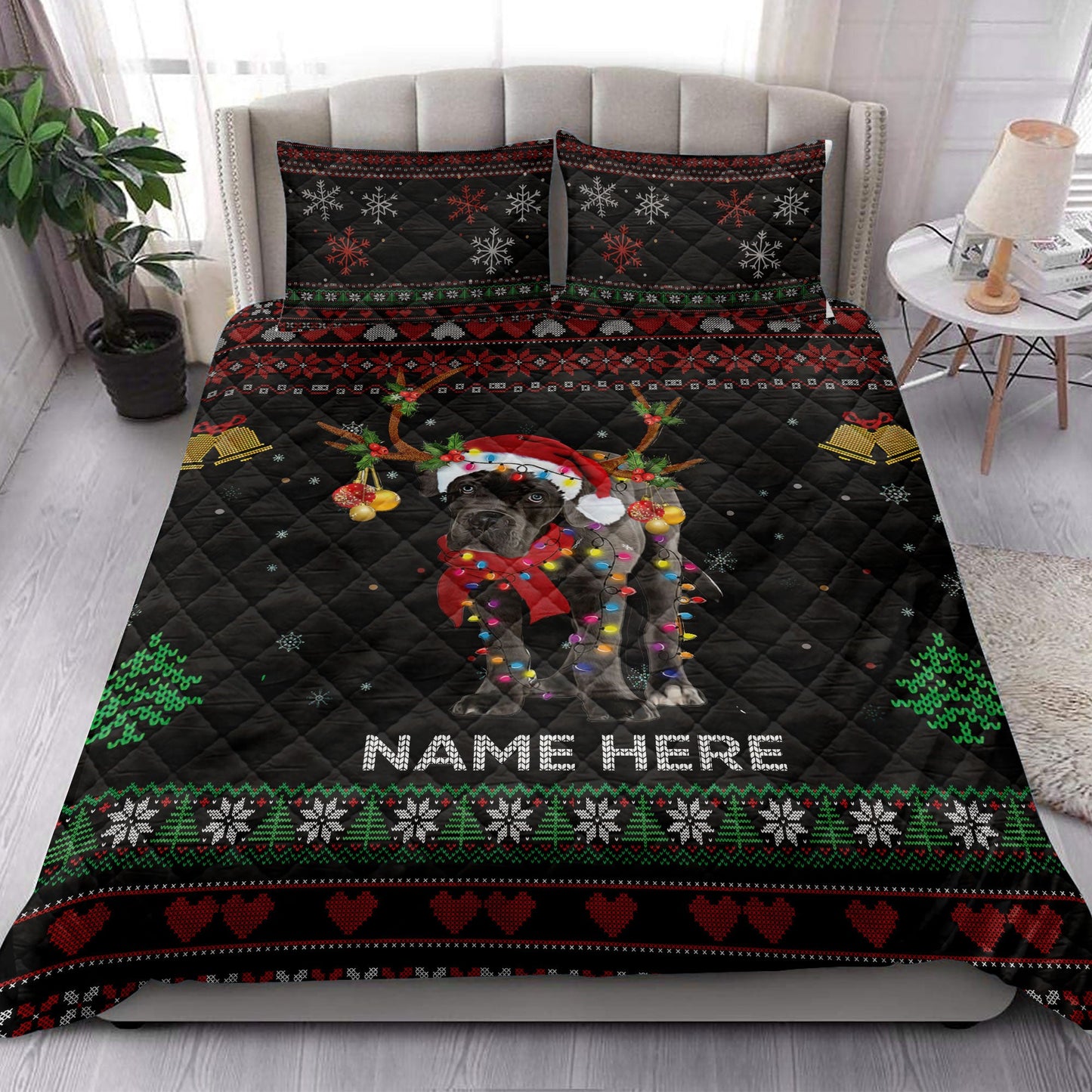 Personalized Cane Corso Quilt Set, Cane Corsomas Hat String Light Quilt Blanket With Pillowcases, Custom Name Quilt Bedding Set, Christmas Gift
