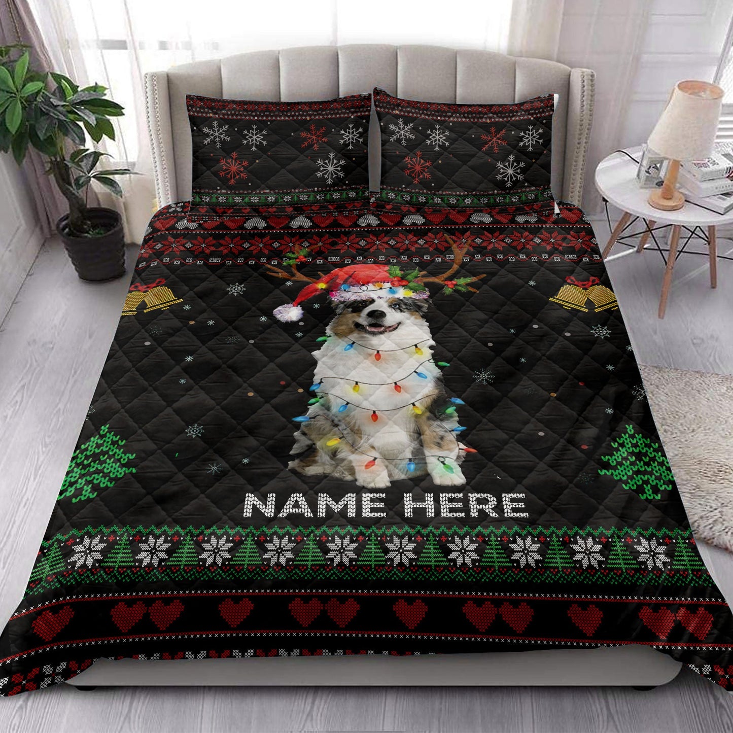 Personalized Australian Shepherd Quilt Set, A Ustralian Shepherdmas Hat Quilt Blanket With Pillowcases, Custom Name Quilt Bedding Set, Christmas Gift