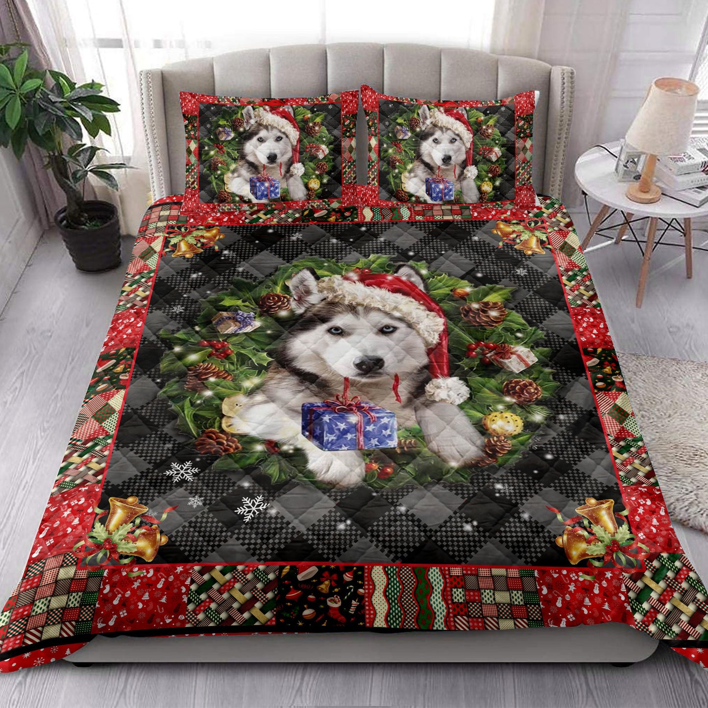 Husky Quilt Set, Siberian H Usky Wearingmas Hat Wreath Dog Quilt Blanket With Pillowcases, Quilt Bedding Set, Christmas Gift