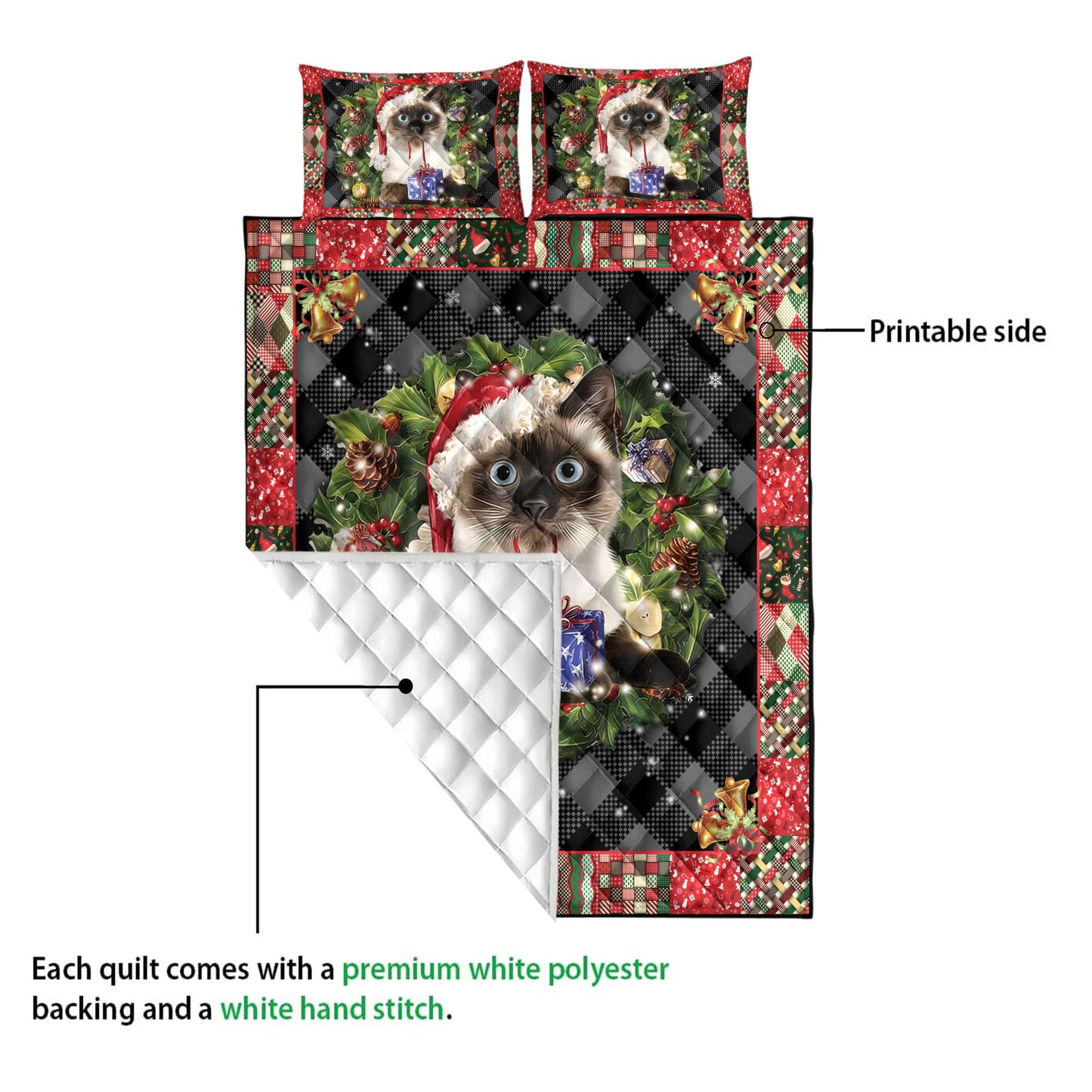 Siamese Quilt Set, Siamese Cat Wearingmas Hat Wreath Cat Quilt Blanket With Pillowcases, Quilt Bedding Set, Christmas Gift