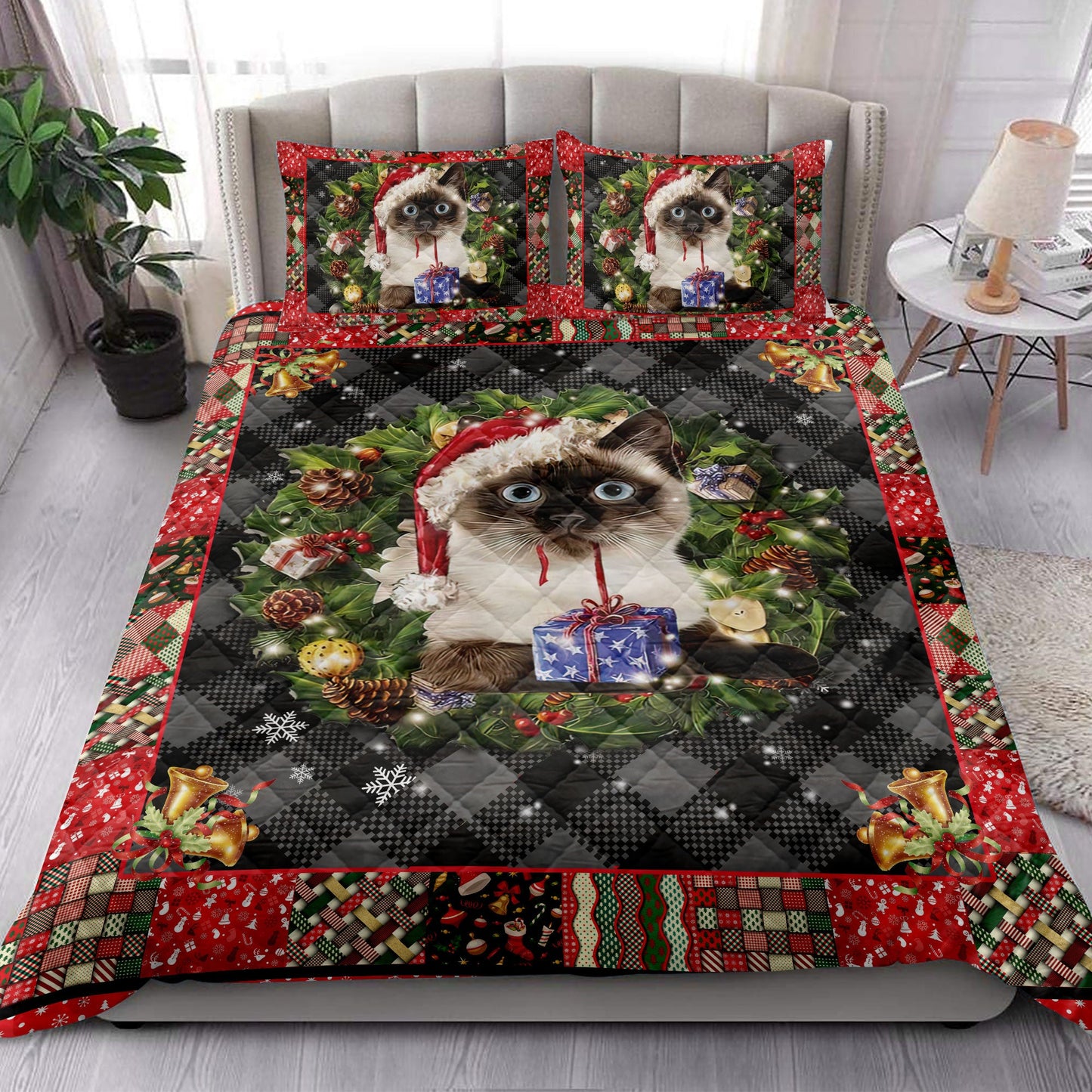 Siamese Quilt Set, Siamese Cat Wearingmas Hat Wreath Cat Quilt Blanket With Pillowcases, Quilt Bedding Set, Christmas Gift